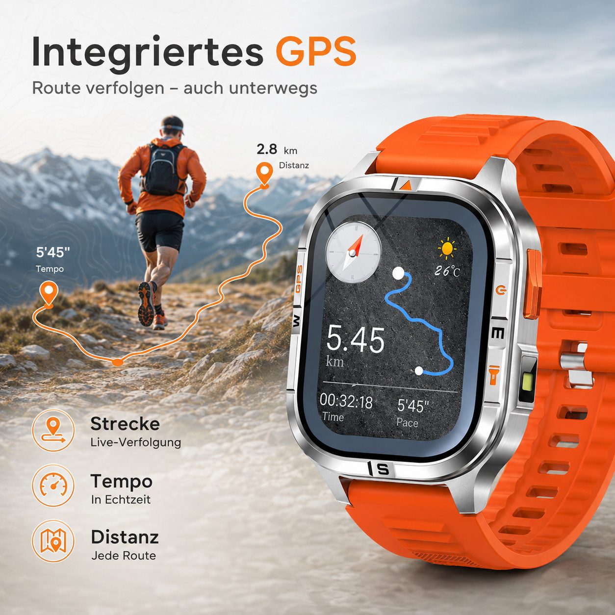 ANYSUN GPS Smartwatch Herren mit Kompass, Höhenmesser & Barometer Smartwatch 2,01 Zoll, Bluetooth-Anrufe,LED-Taschenlampe,100+ Sportmodi, IP68 Wasserdicht, Zwei Armbänder (Silikon + Metall), Fitnessuhr,mit SpO2/Pulsmesser,Schlafmonitor für iOS & Android