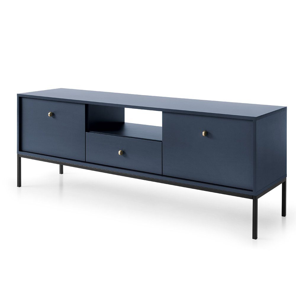 Lomadox Lowboard MALAGA-160, Fernsehschrank in marineblau, Fußgestell schwarz, goldene Griffe