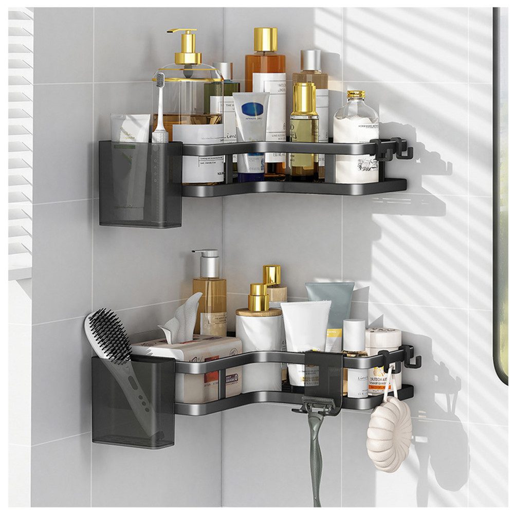 TUWENA Duschkorb 2 Stück Duschablage Ohne Bohren, Eckregal Badezimmer Regal Organizer, Wasserdichter und Rostfreier Duschregal mit 4 Haken,2 Zahnpasta Halter