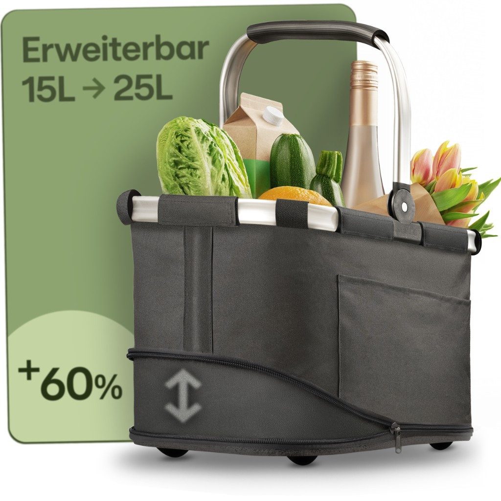 Praknu Einkaufskorb Einkaufskorb Faltbar – 2 in 1 Erweiterbar, Waschbarer Bezug, Tragekorb, 25 l, Stabil mit Alurahmen & Verstärktem Boden – Extra Fächer innen & außen