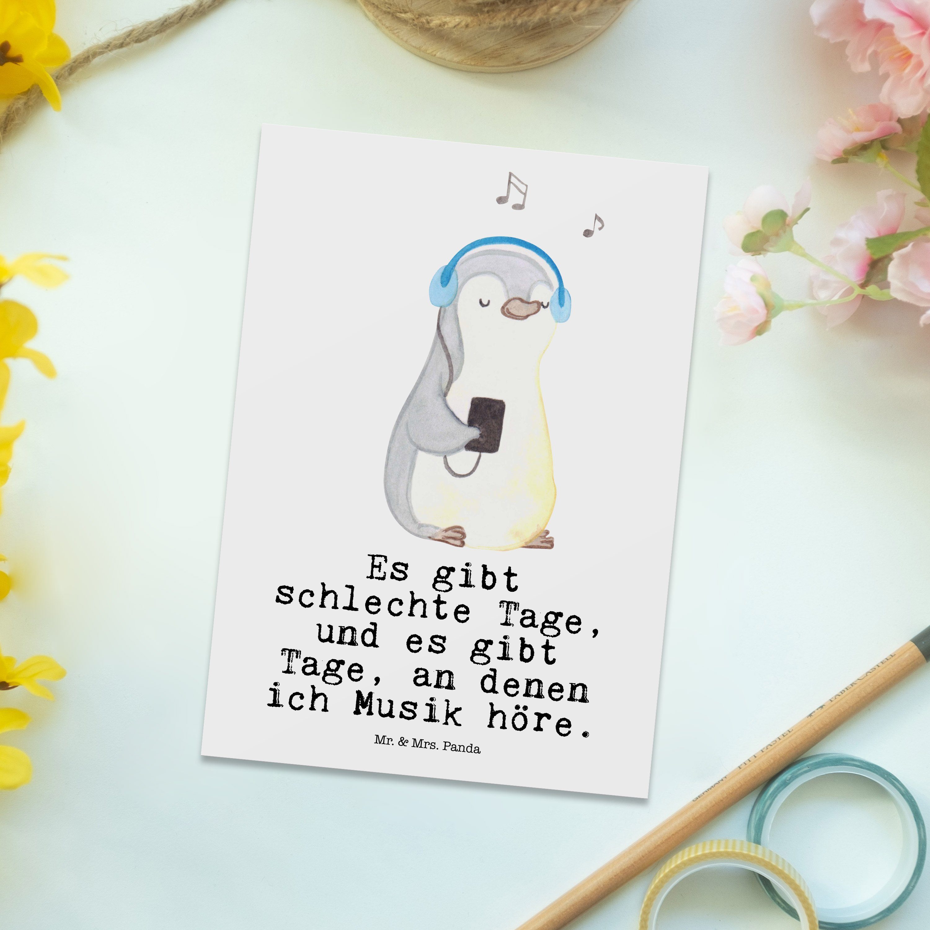 hören - Geschenkkarte, Einladung - Panda Tage Geschenk, Pinguin Mr. Postkarte & Musik Mrs. Weiß
