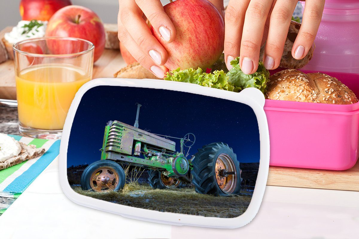 für Nacht, - MuchoWow Erwachsene, Snackbox, Kunststoff Sternenhimmel Kinder, Brotbox Lunchbox - (2-tlg), Brotdose - - Traktor rosa Bauernhof Grün Kunststoff, Mädchen,