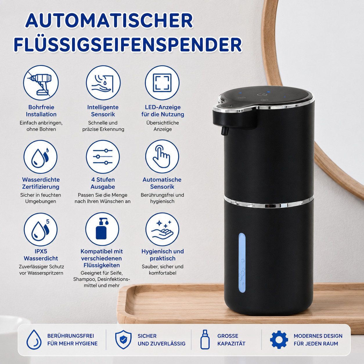 ARCASA Seifenspender Seifenspender Automatischer Schaumseifenspender 400ml USB-C Sensor, (Schaumseifenspender Set kontaktlos mit Klebepad und Akku für innen, Sensor Seifenspender Set inklusive Wandhalterung und USB-C Kabel 1tlg), Automatischer Seifenspender IPX5 wasserabweisend mit 4 Dosierstufen