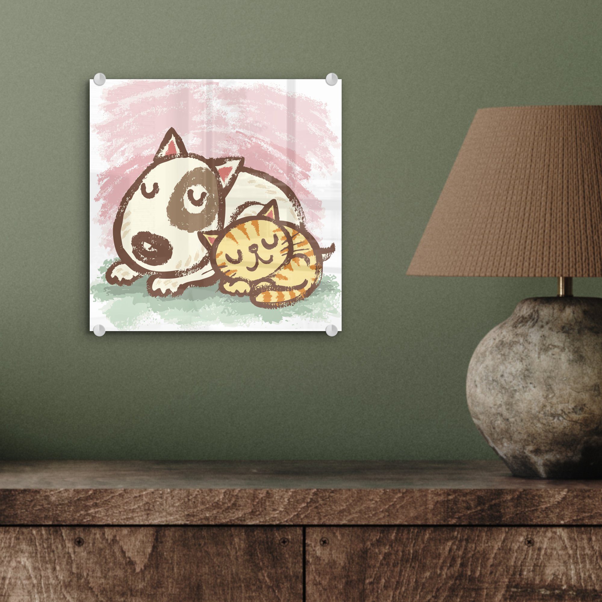 - - eines Wanddekoration Katze Kindheit, einer Glas St), Acrylglasbild (1 Wandbild MuchoWow Hundes der - Illustration Glas Foto aus Glasbilder auf und auf Bilder