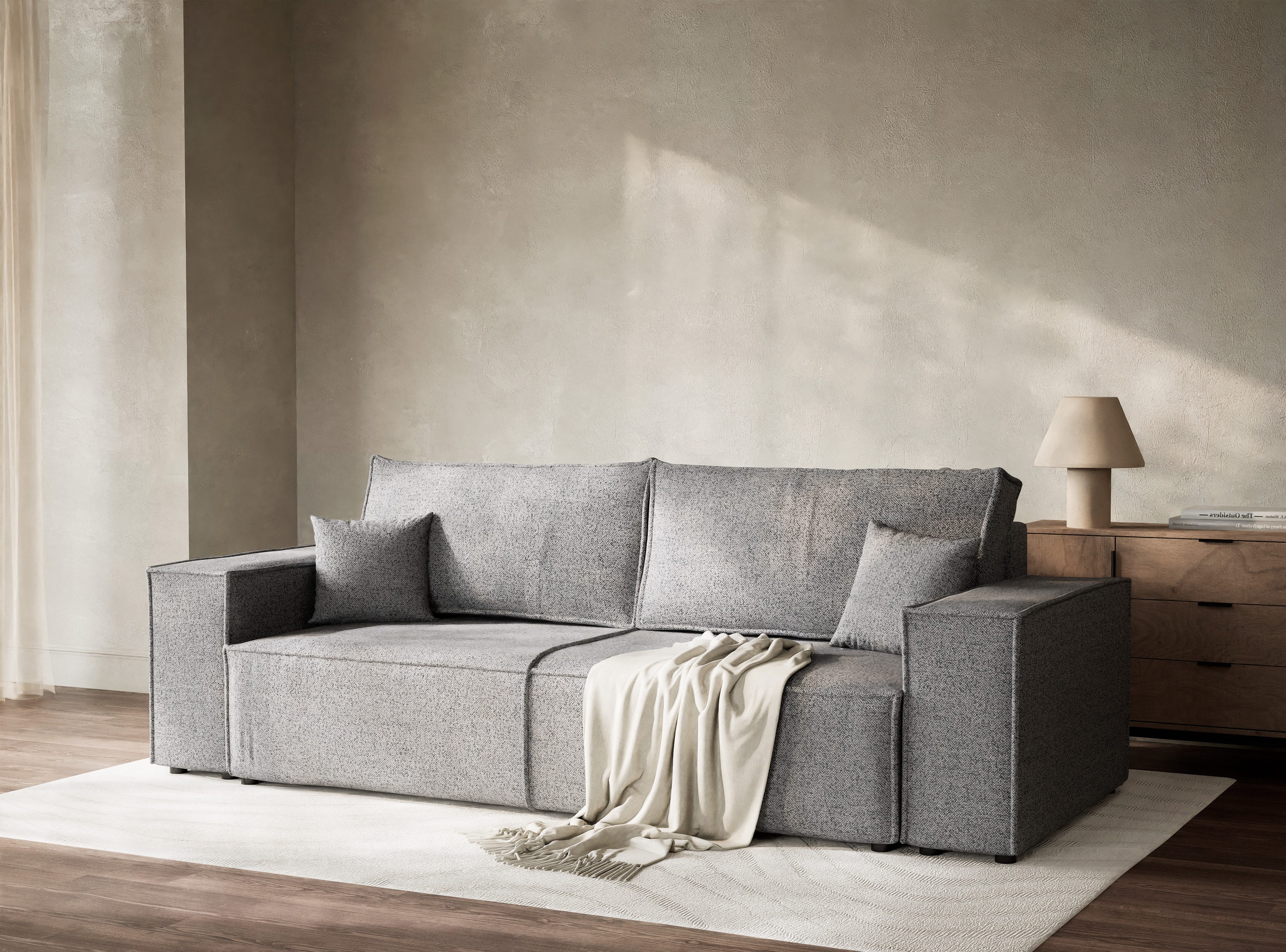 Maison de Rêve 3-Sitzer Sofa mit Schlaffunktion Milos, Schlafsofa mit Bettkasten und Zierkissen, Liegefläche 135x200 cm