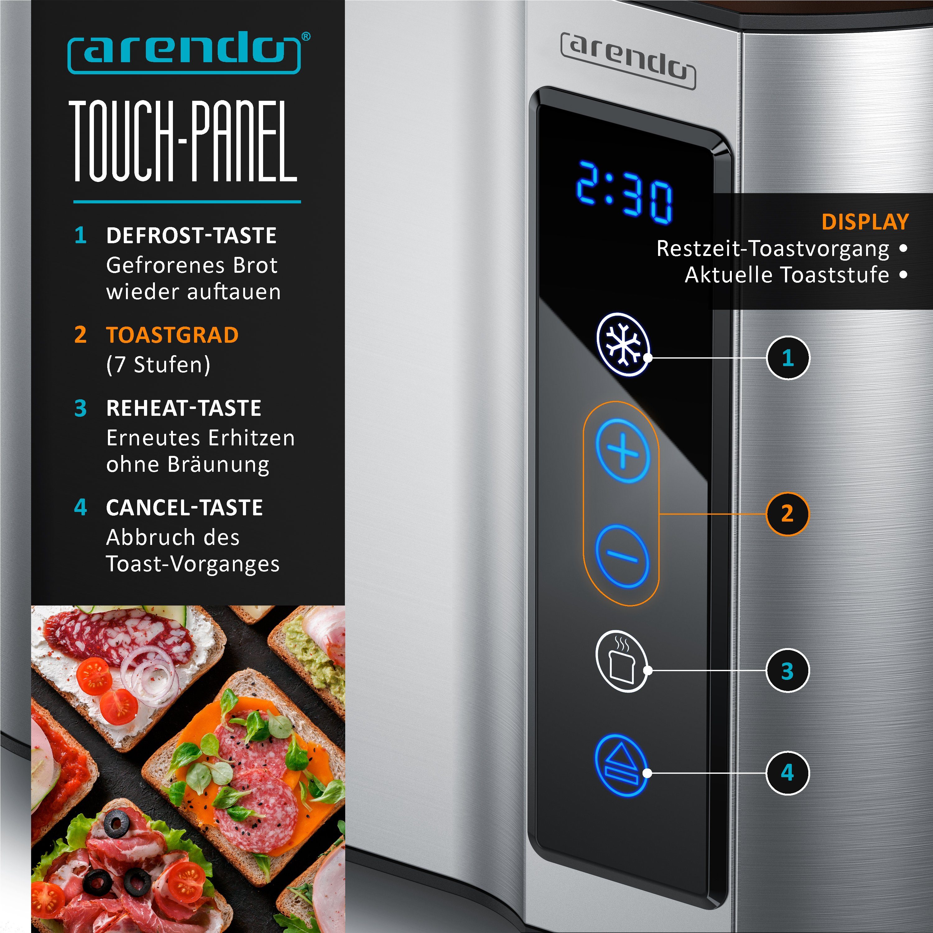 Arendo Toaster 2-Scheiben, Wärmeisoliertes Doppelwandgehäuse, Display Restzeitanzeige, 2 kurze Schlitze, für 2 Scheiben, 800 W, Kurzschlitz, Brötchenaufsatz, 7 Bräunungsgrade, Touchpanel