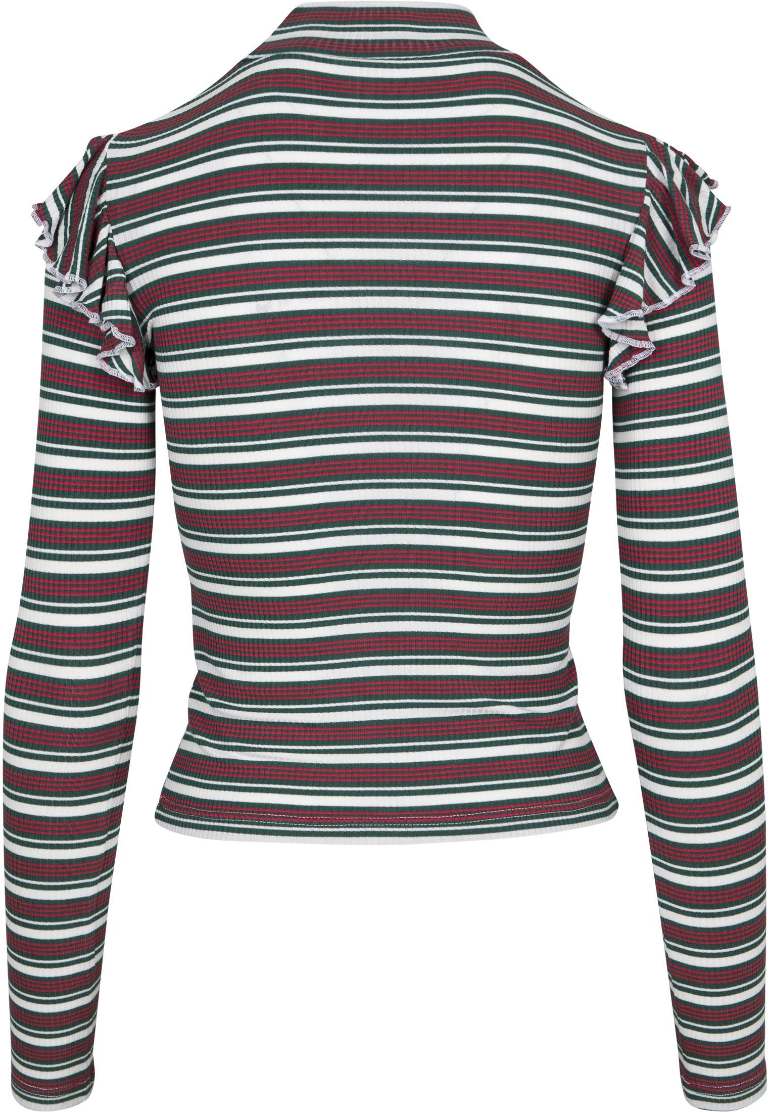 URBAN CLASSICS T-Shirt white/green/firered Rib (1-tlg) Damen Striped Ladies Turtleneck L/S Volant