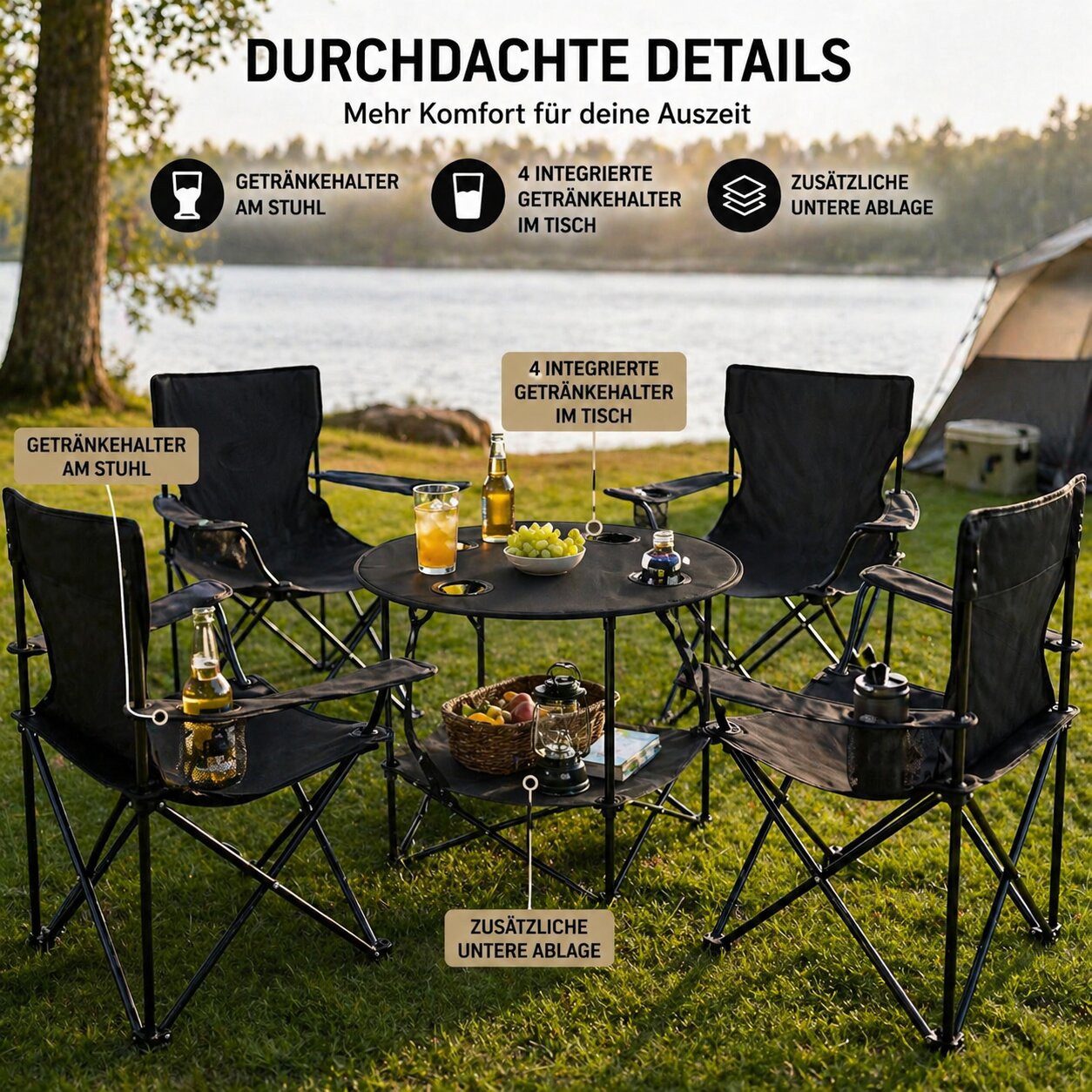 BigDean Campingstuhl Camping Set 2x Campingstühle + 1x Campingtisch (Spar-Set, 5 St), Komplettset für 2 Personen. Stabil. Belastbar. Kompakt & Klappbar