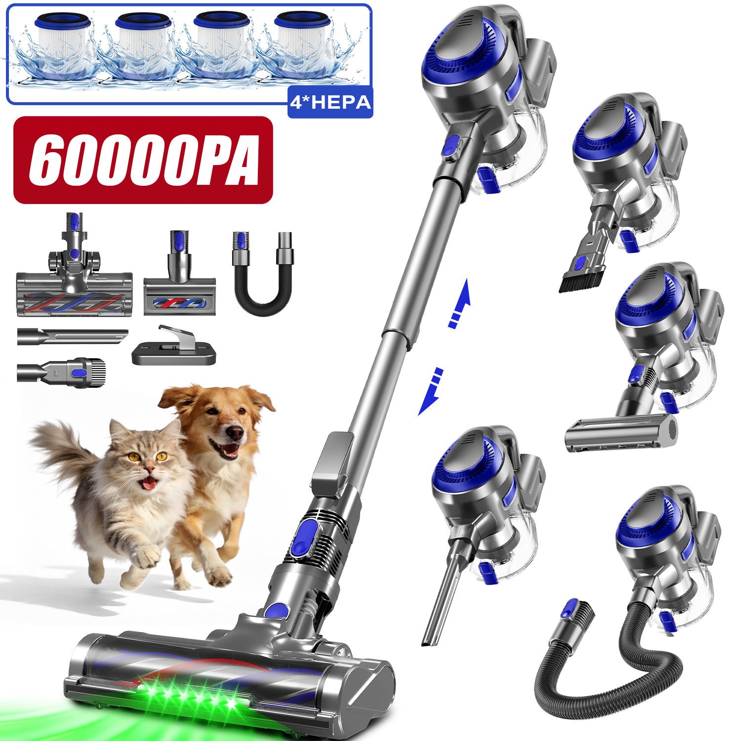 Adormii Akku-Hand-und Stielstaubsauger Akku Staubsauger, 60000Pa/60Min/1.6L Staubsauger Kabellos, HEPA*4, Anti-Tangle-Bürste, 5-in-1 Cordless Vacuum Cleaner, Akkustaubsauger für Tierhaare, Hartböden, Teppiche, 5-in-1 Staubsauger für Tierhaare,Hartböden,Te