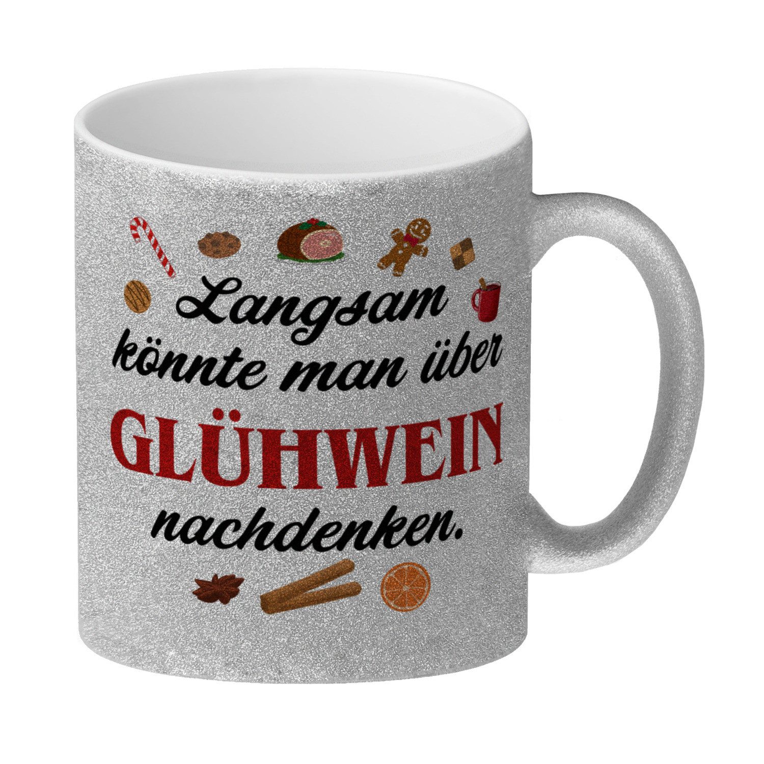 Tasse Glühwein Glitzer-Kaffeebecher mit Spruch Zeit für Glühwein