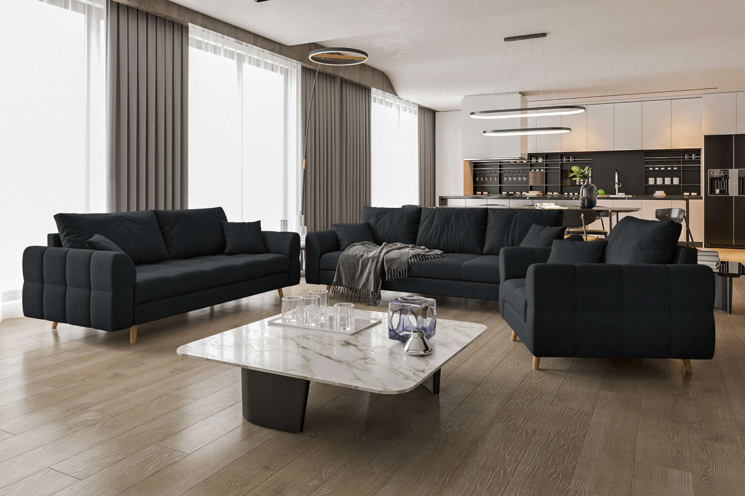 99rooms Polstergarnitur Bello, (Couchgarnitur, Set (3-tlg), bestehend aus 3-Sitzer Sofa, 2-Sitzer Sofa, Sessel, mit Rundumbezug