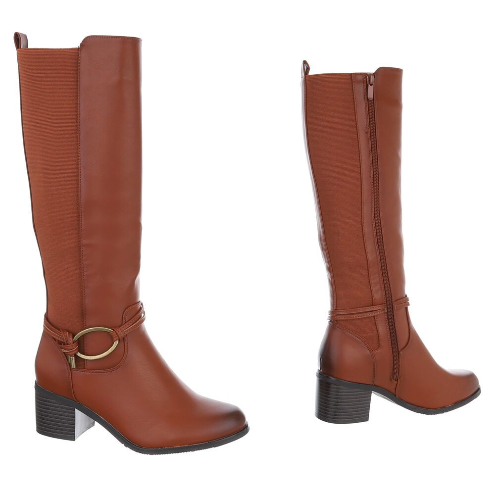 Ital-Design Elegante Damenstiefel mit Blockabsatz und Gürtel-Detail Stiefel (90169282) Blockabsatz Stiefel in Camel
