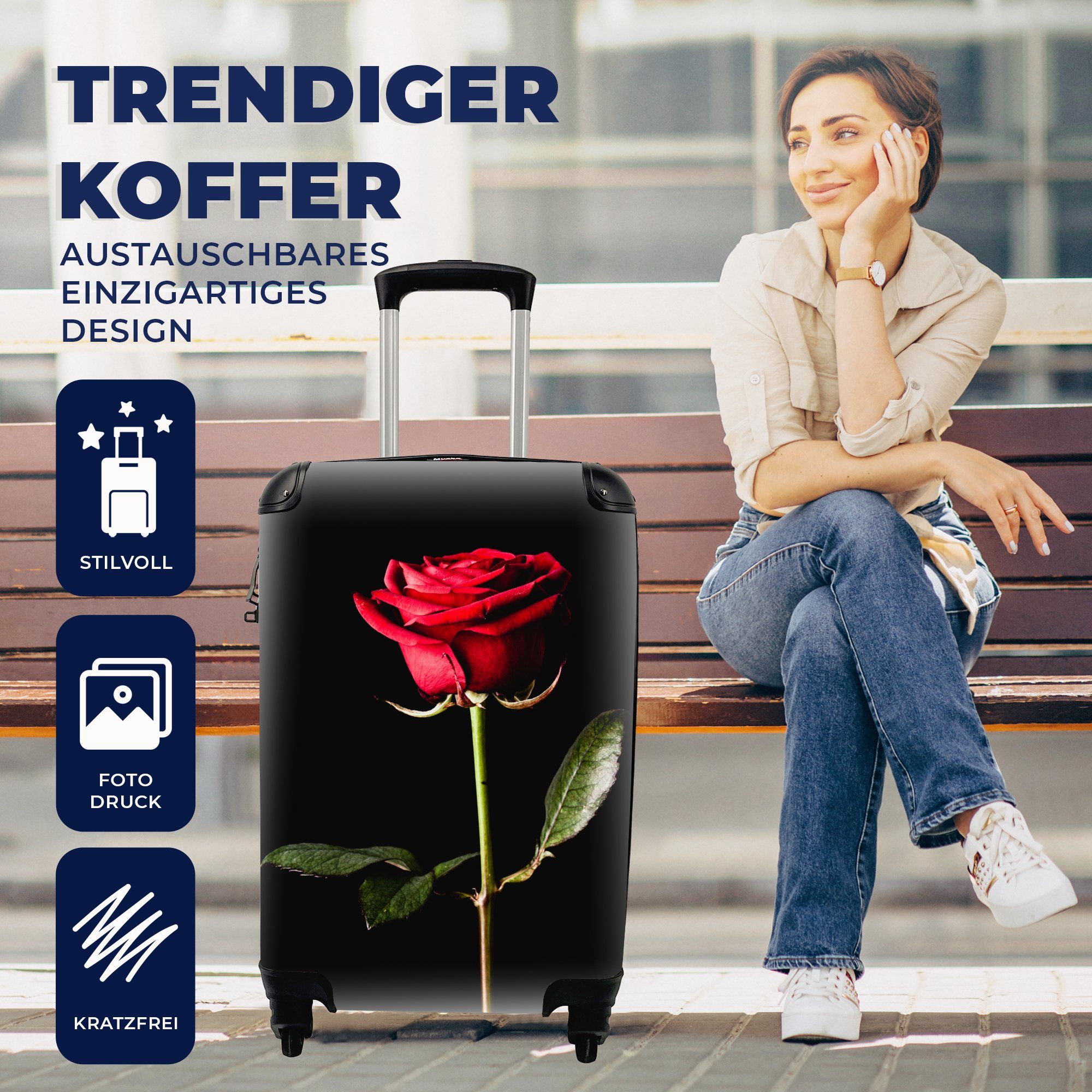 MuchoWow Handgepäckkoffer Rose Reisetasche Hintergrund, auf 4 Trolley, Ferien, Reisekoffer Handgepäck mit Eine Rollen, für schwarzem rollen, rote