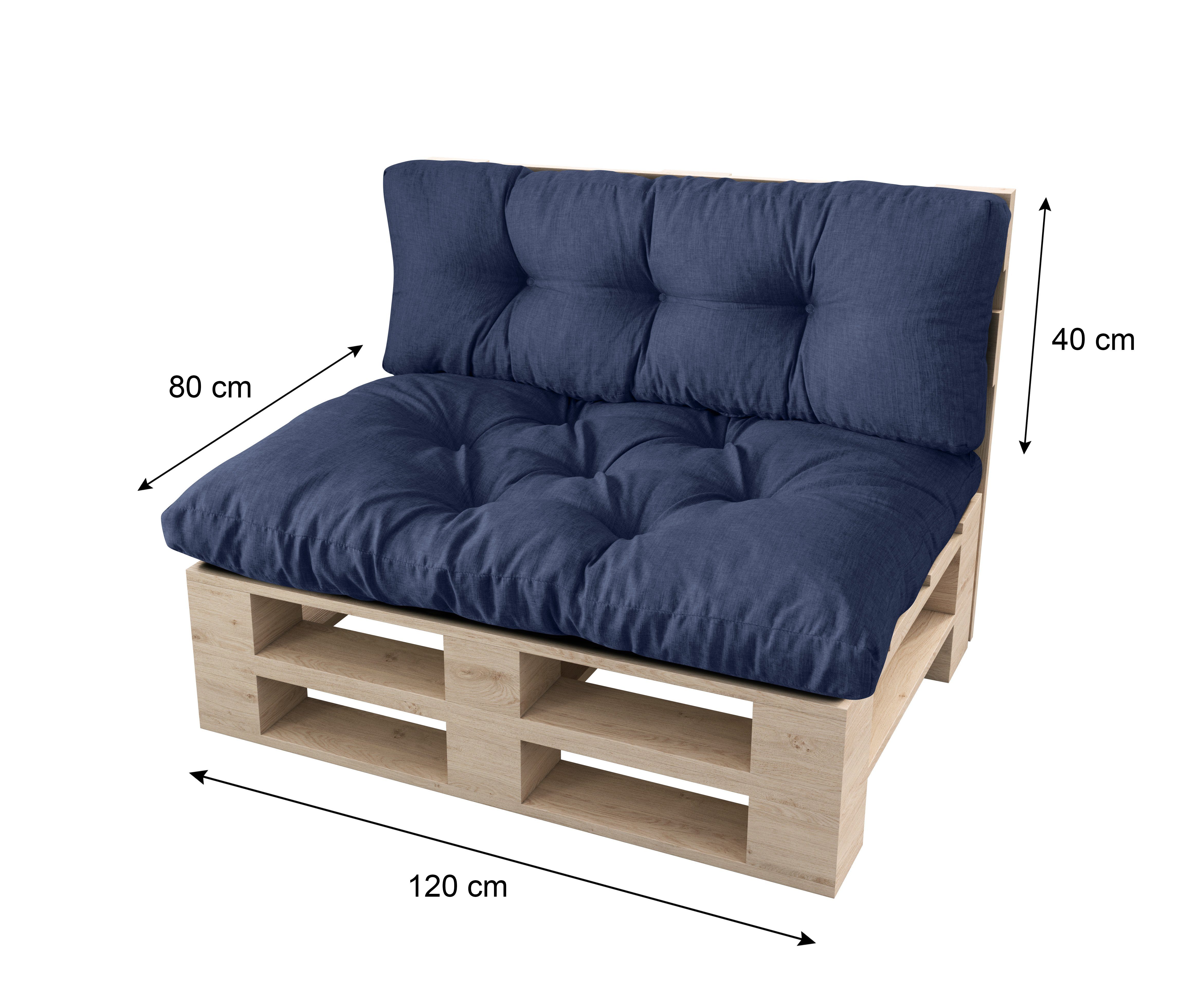 sunnypillow Palettenkissen Malmo Sitzkissen + palettenmöbel Blau 120x40x15, 120x80x12 Set - polsterauflage palettencouch Rückenkissen
