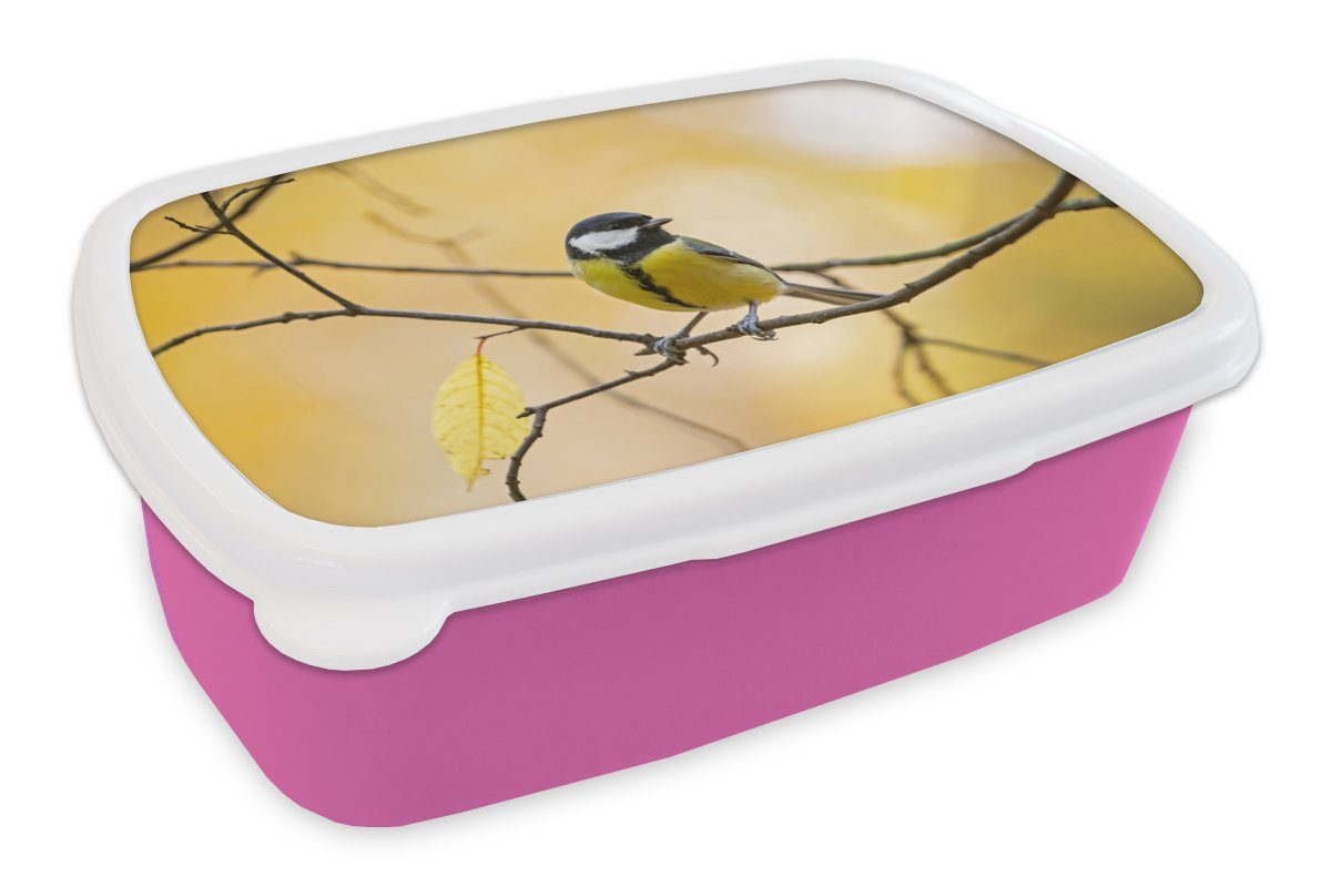 MuchoWow Lunchbox Kohlmeise - Zweig - Vogel - Tiere, Kunststoff, (2-tlg), Brotbox für Erwachsene, Brotdose Kinder, Snackbox, Mädchen, Kunststoff rosa