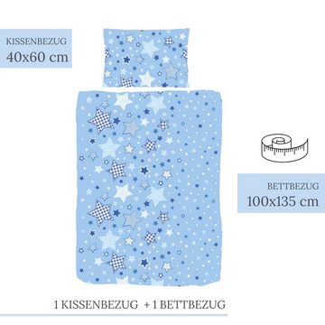 Kinderbettwäsche Sterne 100x135 + 40x60 cm, 100 % Baumwolle, MTOnlinehandel, Biber, 2 teilig, Babybettwäsche mit vielen Sternen und Sternchen in blau & himmelblau