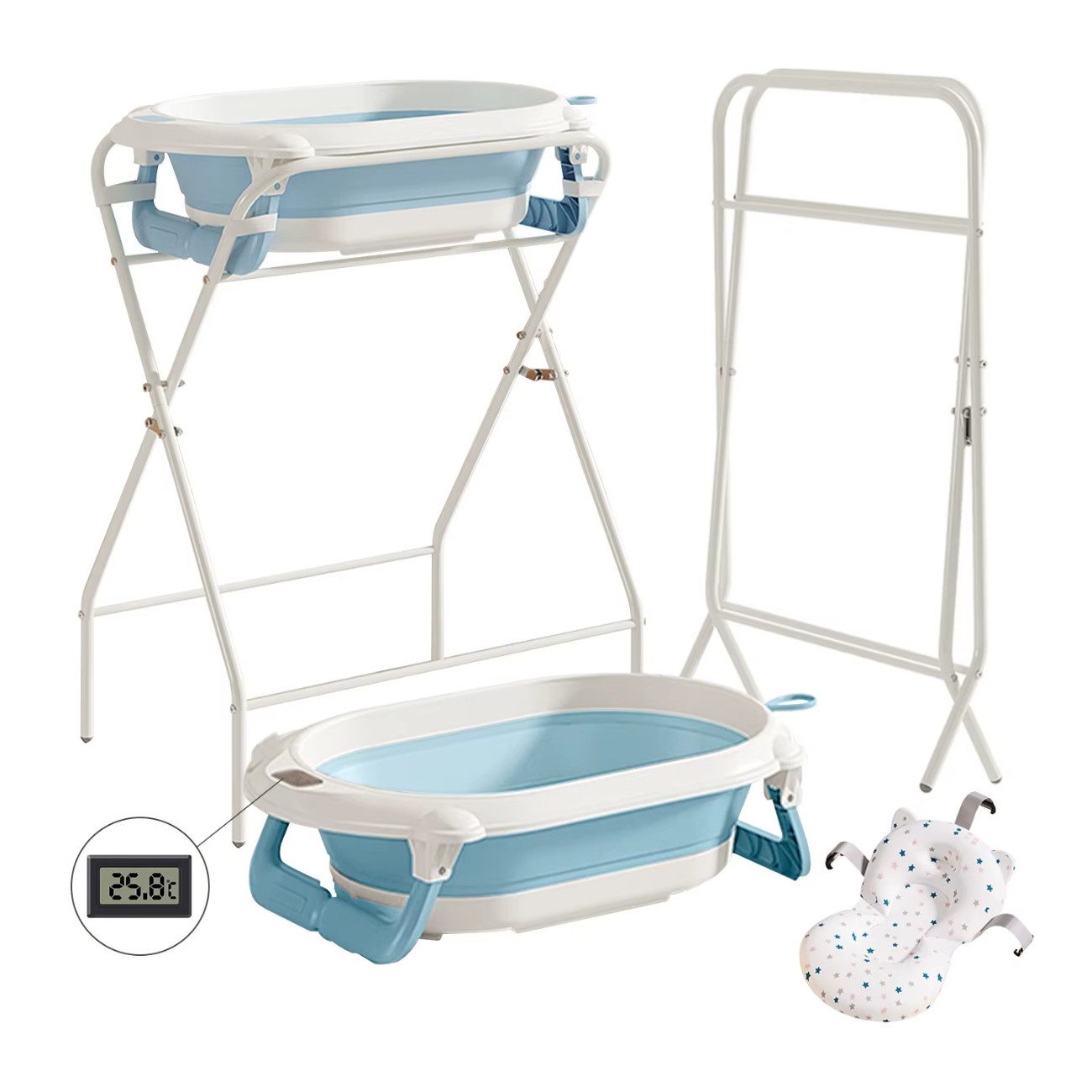 Athlix Babybadewanne 3-in-1 faltbare Babybadewanne mit Ständer, mit Thermometer, Badekissen, vielseitig einsetzbar für Neugeborene bis Kleinkinder