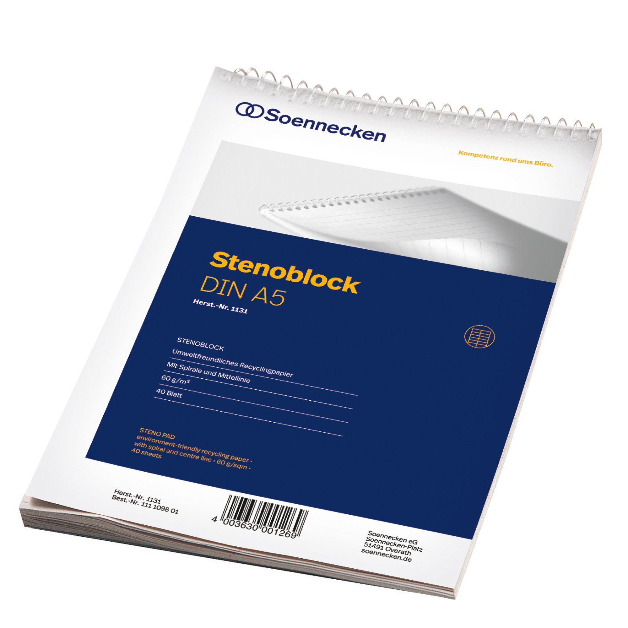 Soennecken Notenblock Stenoblock 1131 DIN A5 mit Mittellinie 40 Blatt weiß