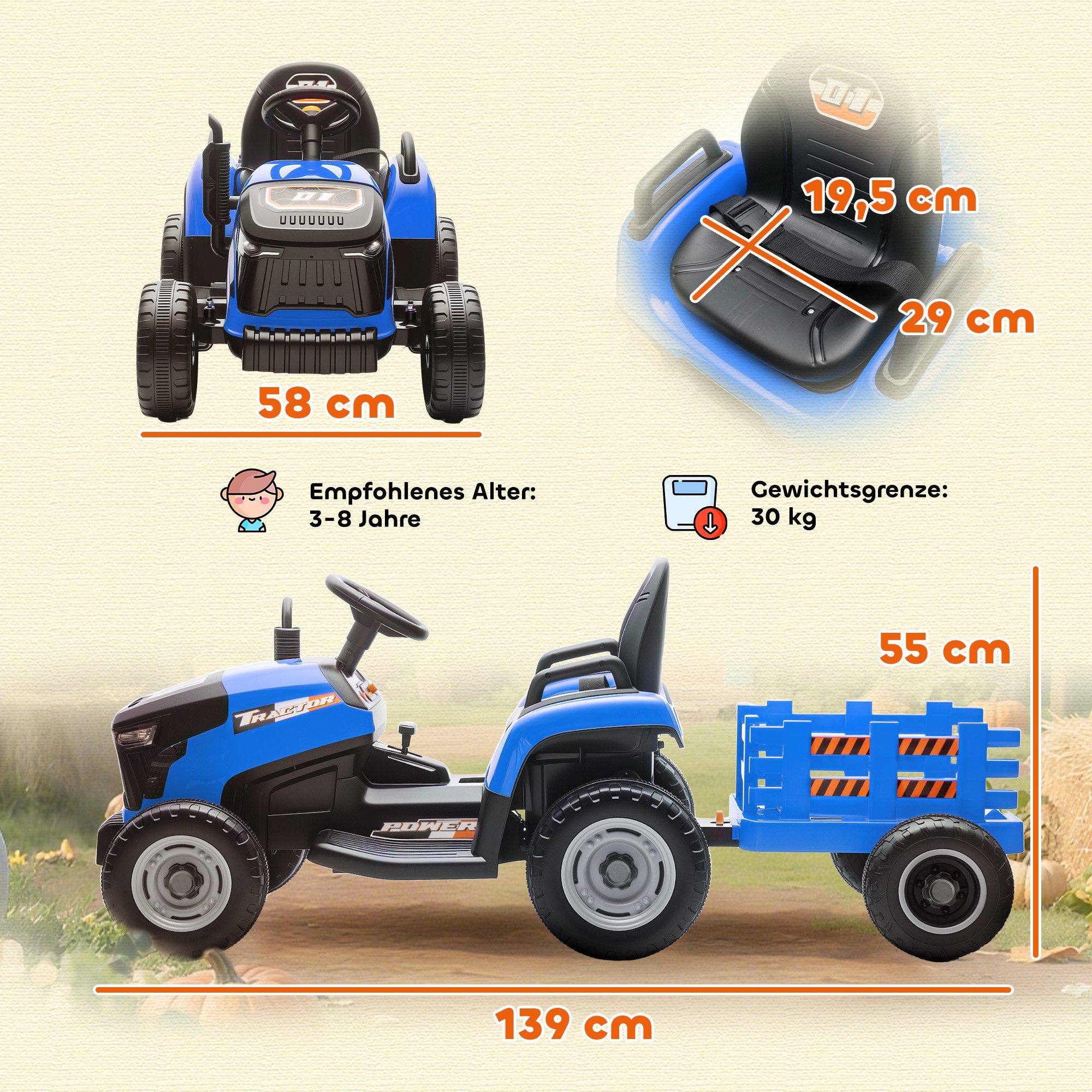 AIYAPLAY Elektro-Kindertraktor Elektrischer Traktor, Belastbarkeit 30 kg, (1-tlg), Soft-Start-Funktion, für Kinder im Alter von 3-8 Jahren, Blau