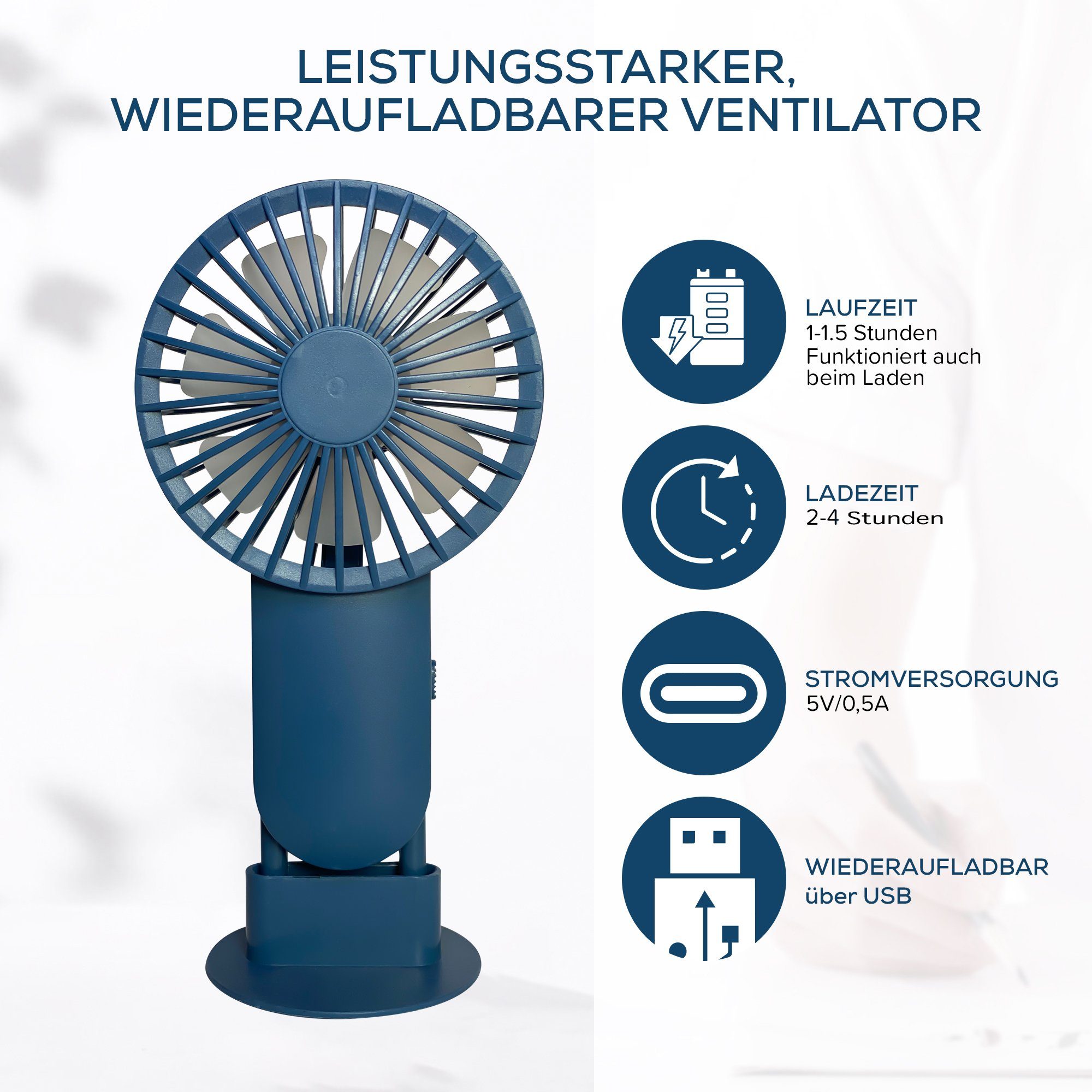 USB-Ventilator Hand Lüfter, Ventilator aufladbar tragbarer USB Ladens Blau Standfuss, Akku mit Mini Stufen, betrieb auch möglich wärend des Products 2 MAQETARA