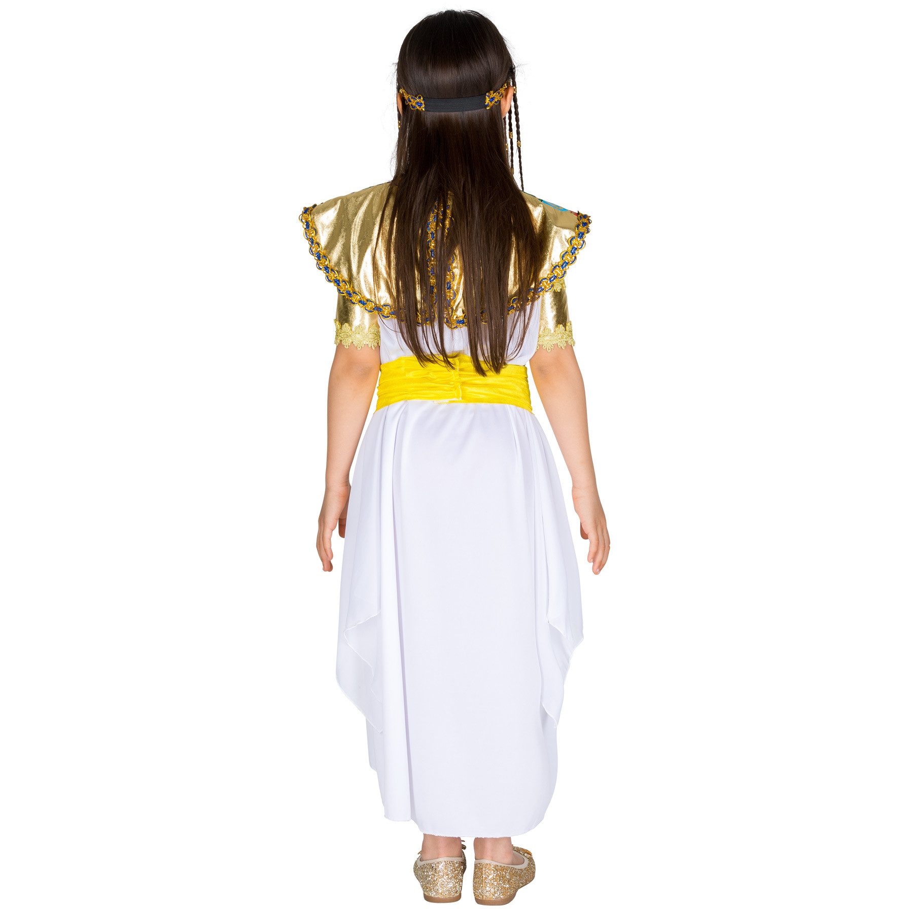 dressforfun Kostüm Pharaonin/Ägyptische Königin, 2 goldene Armstulpen mit Klettverschl., in weiß, Gr. 140 (10-12 Jahre), Langes Kleid, Gürtel mit Klettverschl.