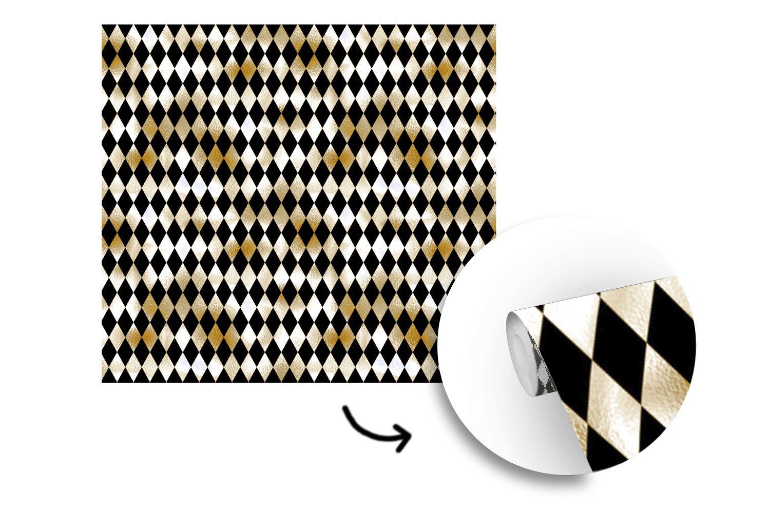 St), Muster Tapete (5 Matt, - bedruckt, - - für Vinyl oder Fototapete MuchoWow Wandtapete Schwarz Schlafzimmer, Gold Kariert, Wohnzimmer