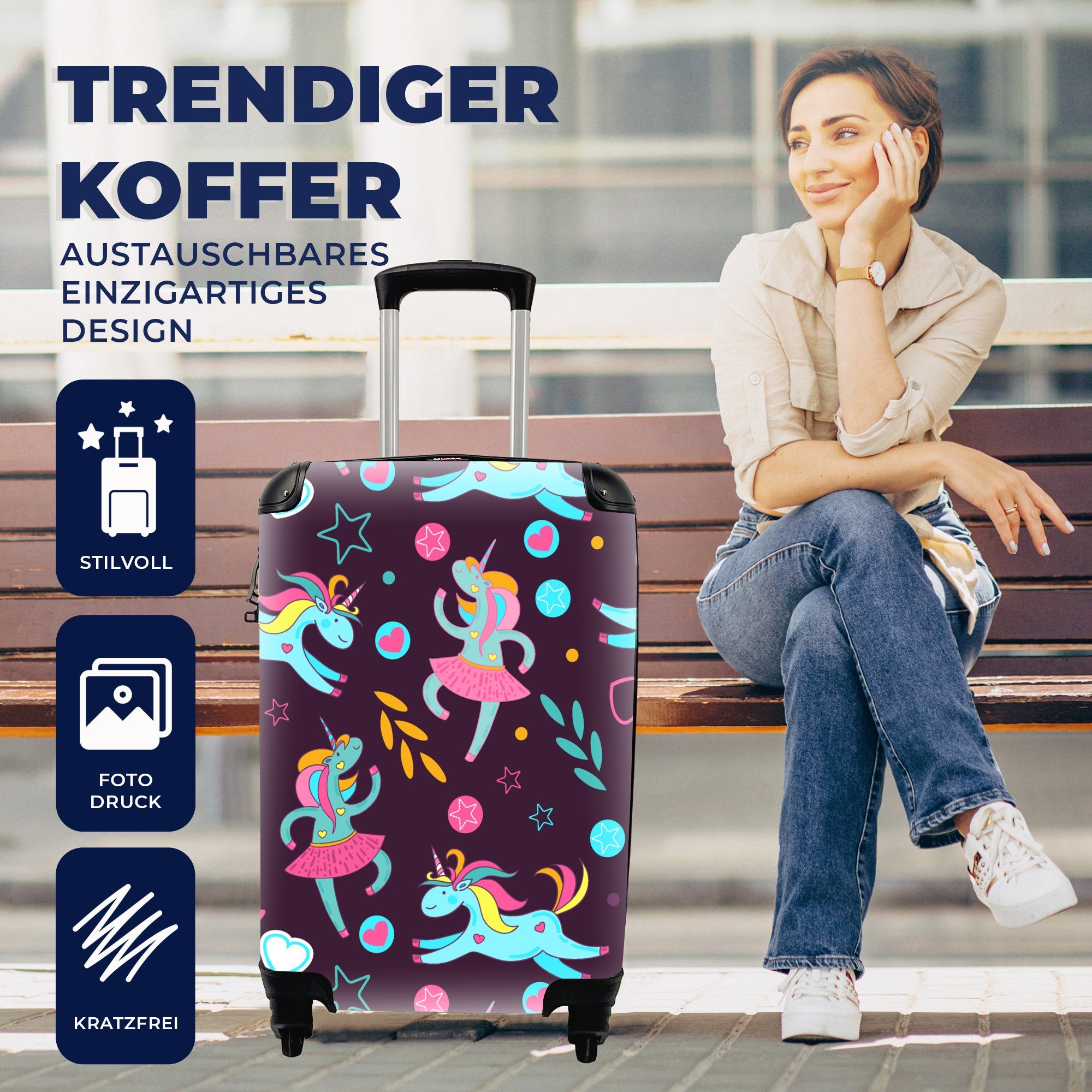 Rollen, Handgepäckkoffer Reisekoffer Einhorn für - Ferien, Schnittmuster, rollen, 4 Ballett Handgepäck - MuchoWow Trolley, Reisetasche mit