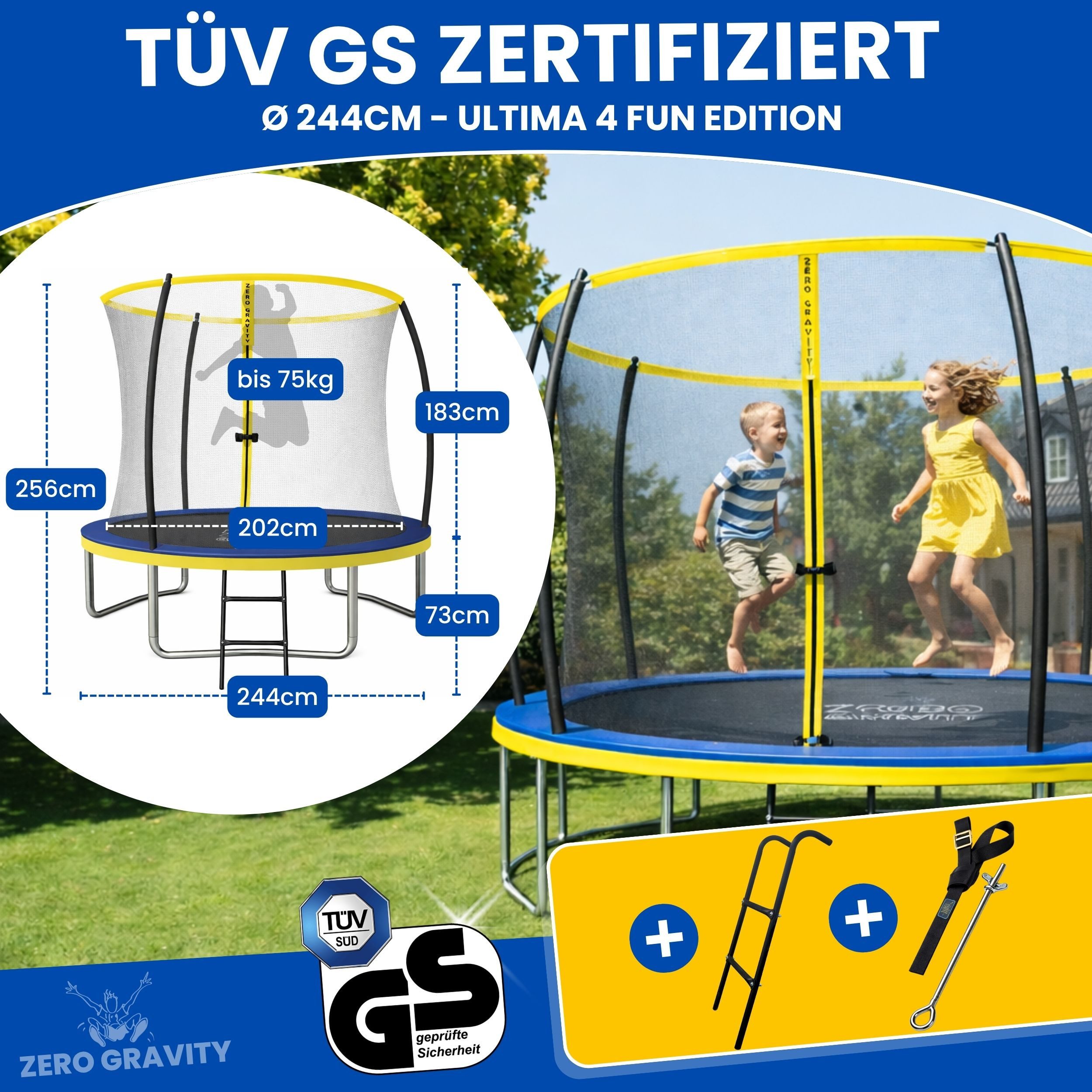 Zero Gravity Gartentrampolin Trampolin Outdoor Ø183/244/305/366/427cm mit smartem Klappnetz, Ø 244 cm, TÜV GS geprüfte Sicherheit