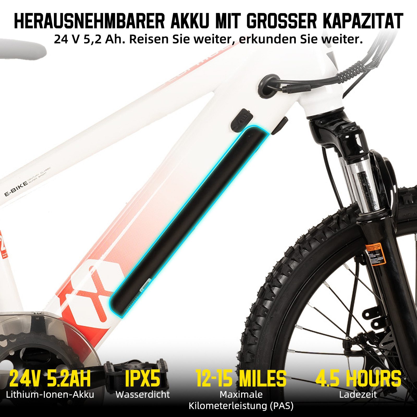 HILAND E-Bike 20 Zoll E-Mountainbike 24V 250W, Akku entnehmbar, Kinder & Erwachsene, Heckmotor, 124,8 Wh