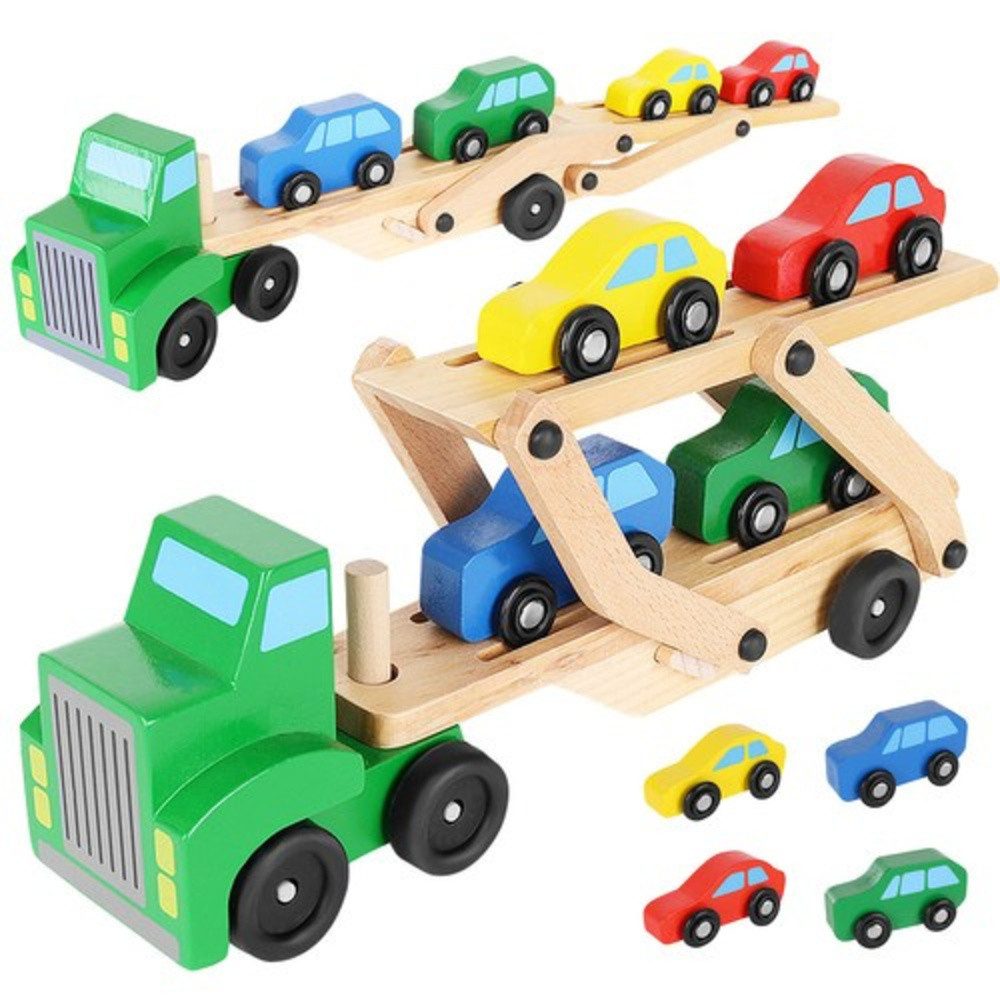 KRUZZEL Spielzeug-LKW Holzlastwagen Abschleppwagen, (Spar-Set, 1-tlg., Lernspielzeug Kinder), 4 Autos mi LKW transportieren