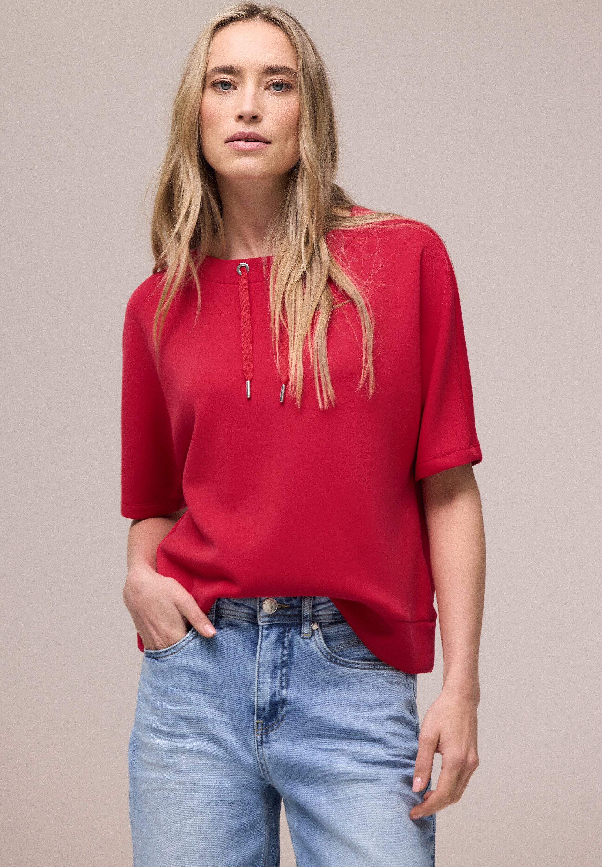 STREET ONE Sweatshirt Halbarm Silk-Look Shirt mit Kordelzug günstig online kaufen