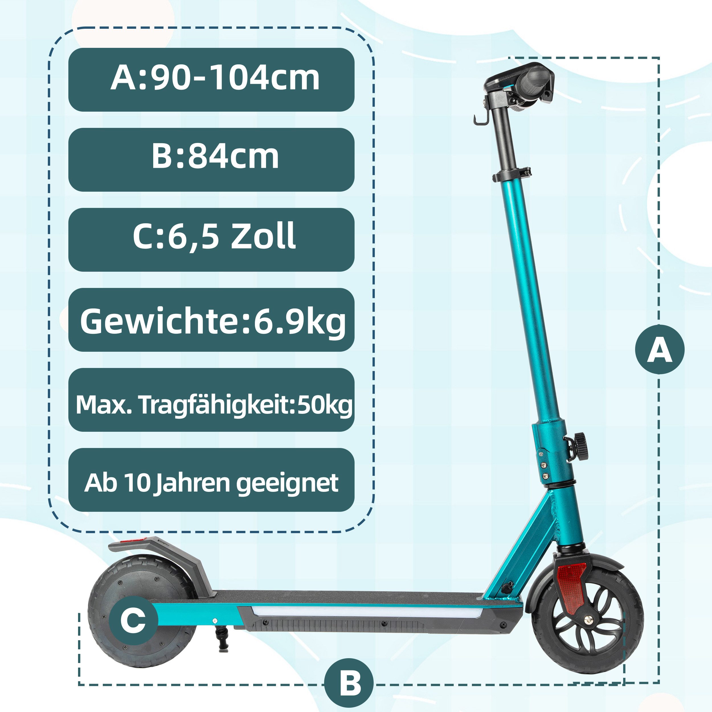 Vankel Elektro-Kinderroller ab 10 Jahre, E scooter für Kinder, klappbar, 15km, höhenverstellbar, EBS+Fußbremse, LED-Display, farbiger Beleuchtung, mit Haken