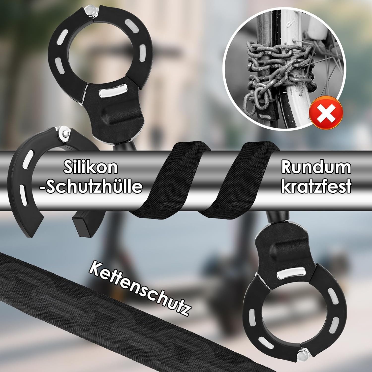wohnTRAUM24 Kettenschloss E Scooter Schloss,Fahrradschloss für E Scooter mit Gummi-Lock-Hülse (Set, 1-tlg., Kratzschutz, inkl. 3 Schlüssel), Universalität, 360° – Bild 4 von 5