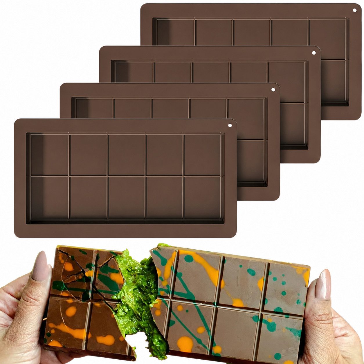 ANYSUN Schokoladenform Silikon Schokoladenform für dicke Tafeln und Süßigkeiten, (4-tlg), Extra tiefe Silikonform für Schokoladentafeln und Pralinen