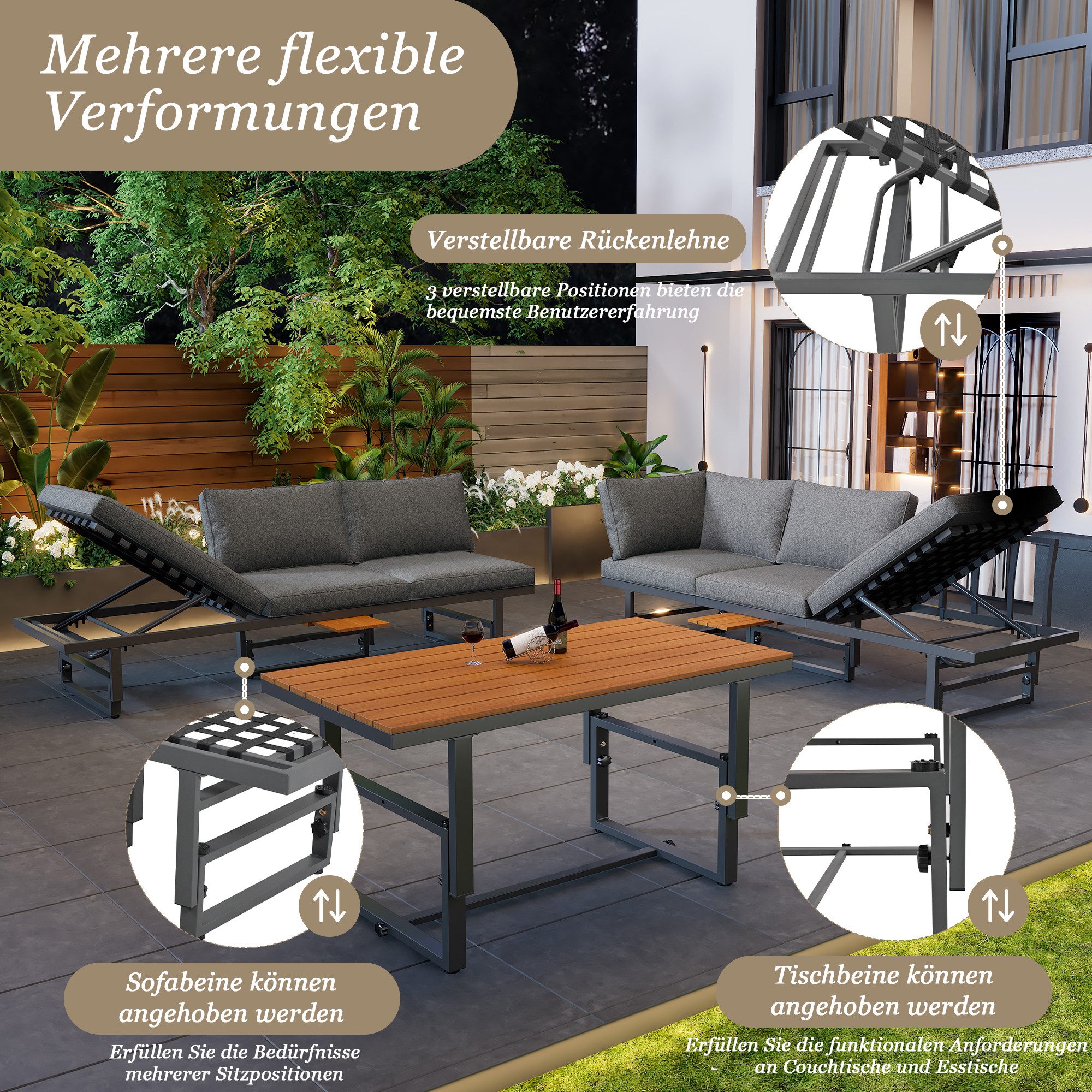Flieks Gartenlounge-Set, (3-tlg), Multi-kombinierbar Gartenmöbel mit 3-Sitzer Sofas*2 + Tisch*1
