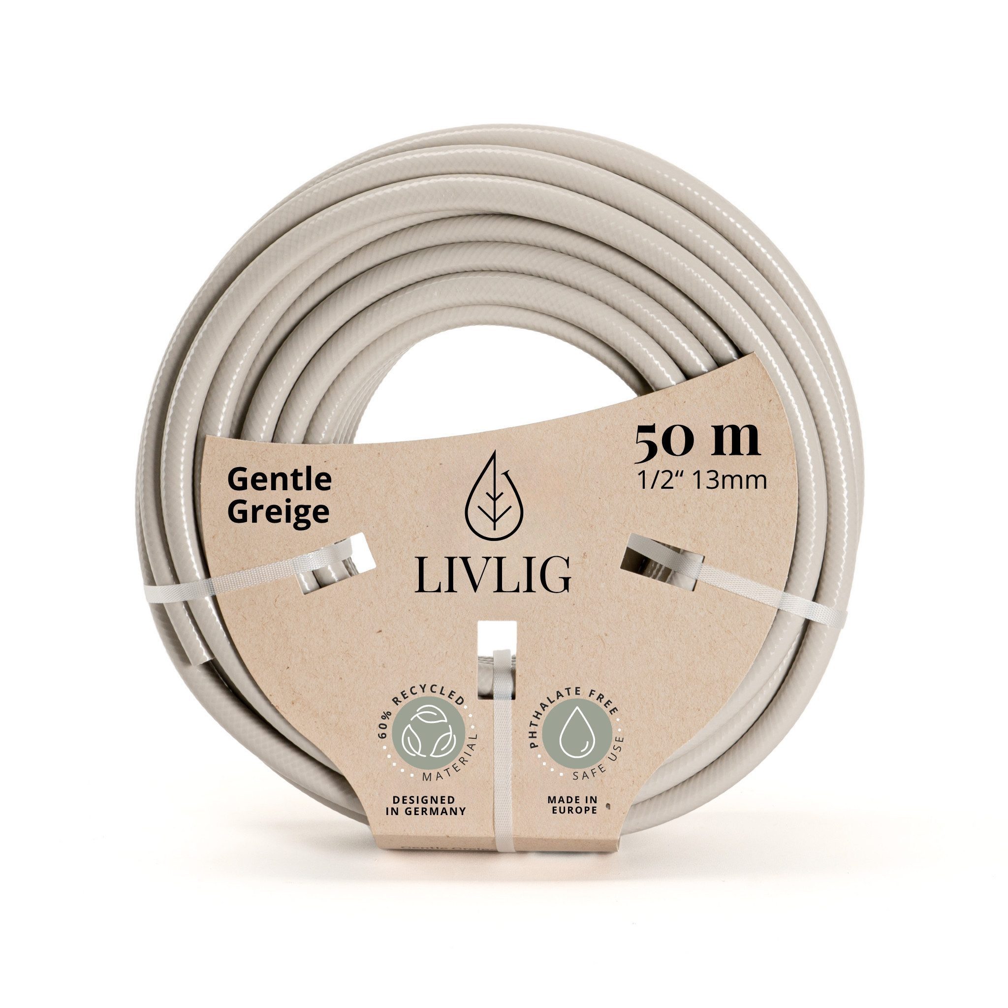 LIVLIG Gartenschlauch 1/2 Zoll, Schöner Gartenschlauch, Wasserschlauch 1/2 Zoll, Greige, Made in Europa, aus 60% recyceltem PVC