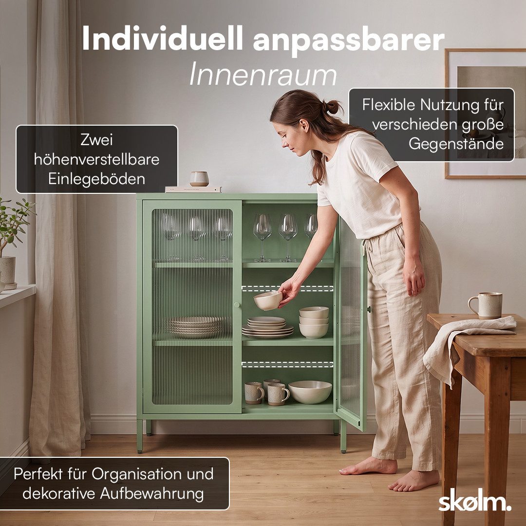 skølm Highboard Norns Vitrinenschrank mit Glastüren (mintgrün, bis 80 kg belastbar, kratzfest), Metallkommode mit verstellbaren Fächern, Sideboard 100x38x80 cm – Bild 3 von 5
