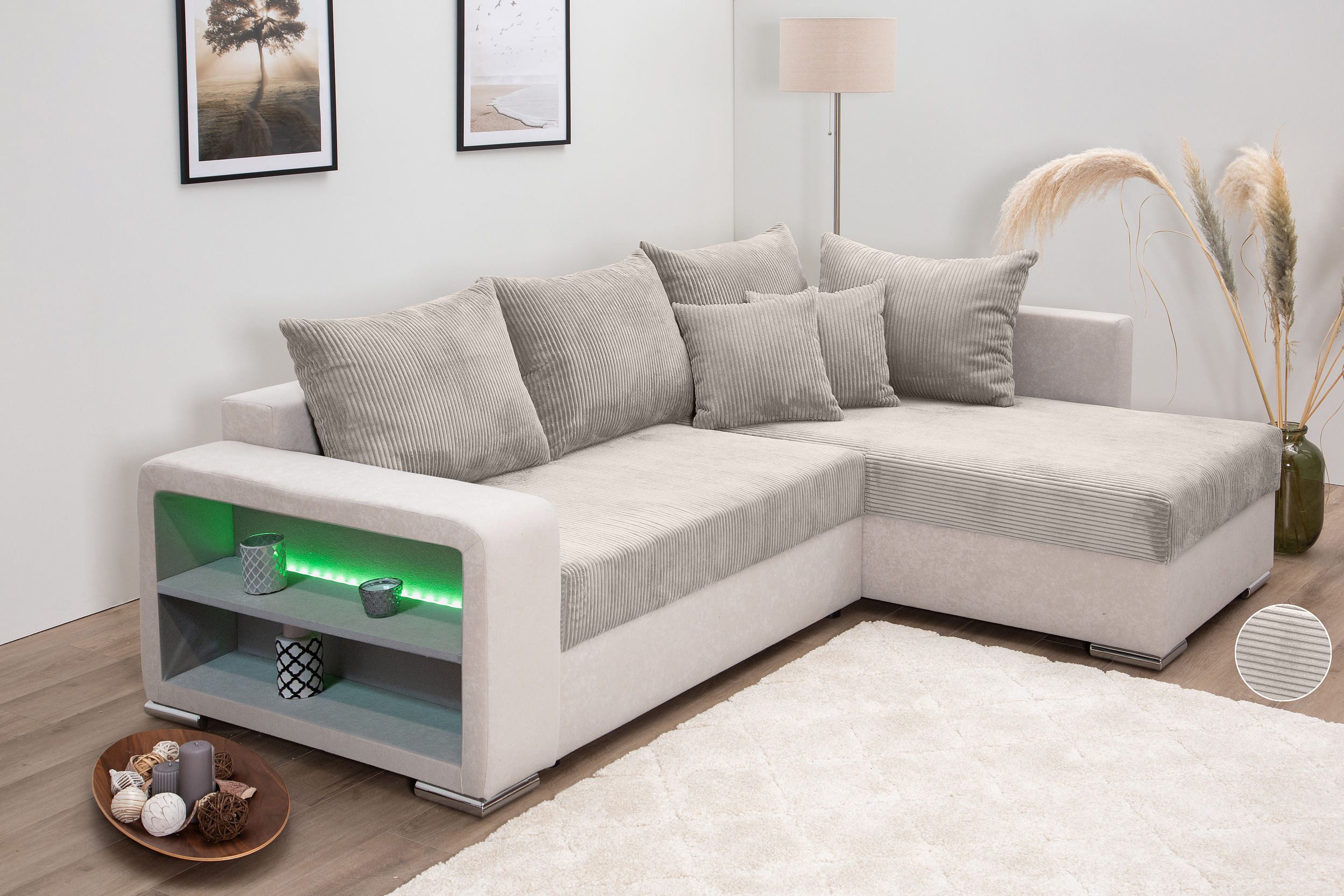 COLLECTION AB Ecksofa John L-Form, B: 226 cm, Schlaffunktion & Bettkasten, Regalelement mit Licht, Couch mit Federkern, 2 Zierkissen