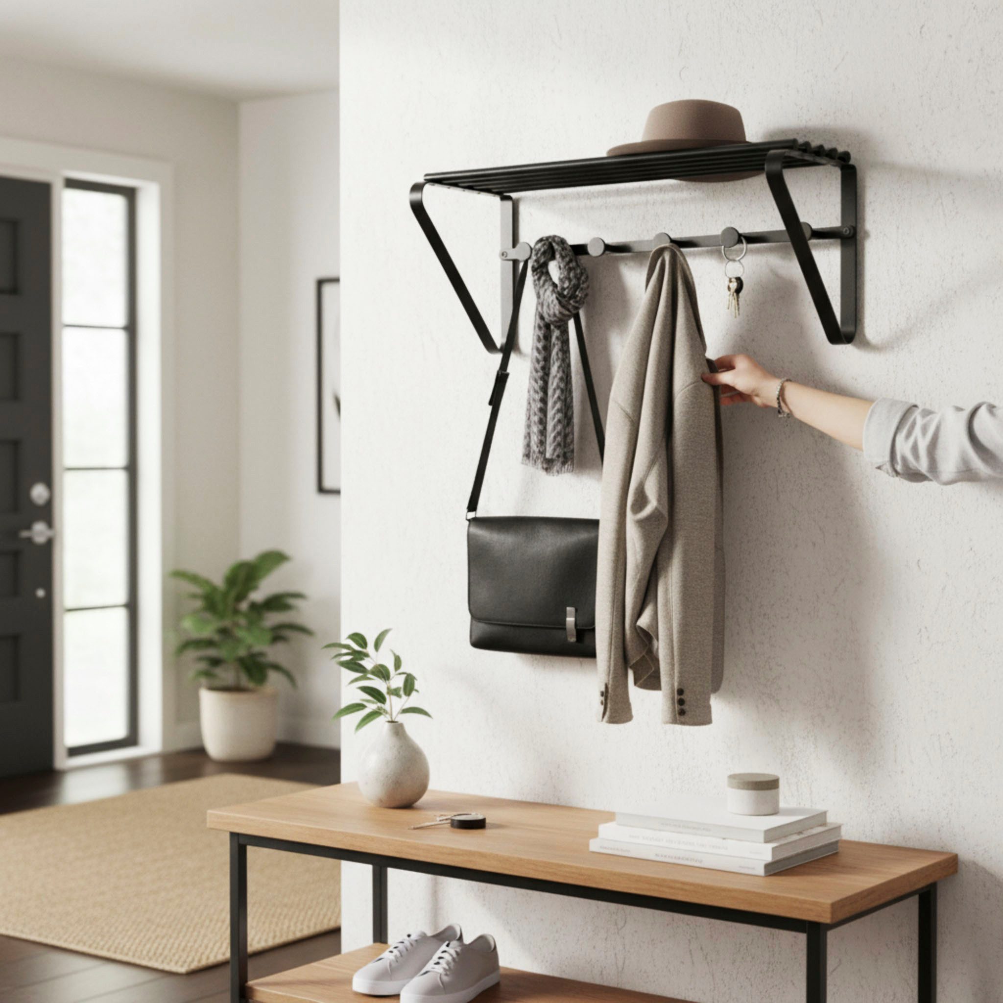 HAKU Garderobenleiste Flurgarderobe, Garderobe, Garderobenhaken, Garderobenleiste, rechteckig - aus Metall Schwarz - B/T/H 45/18/20 cm