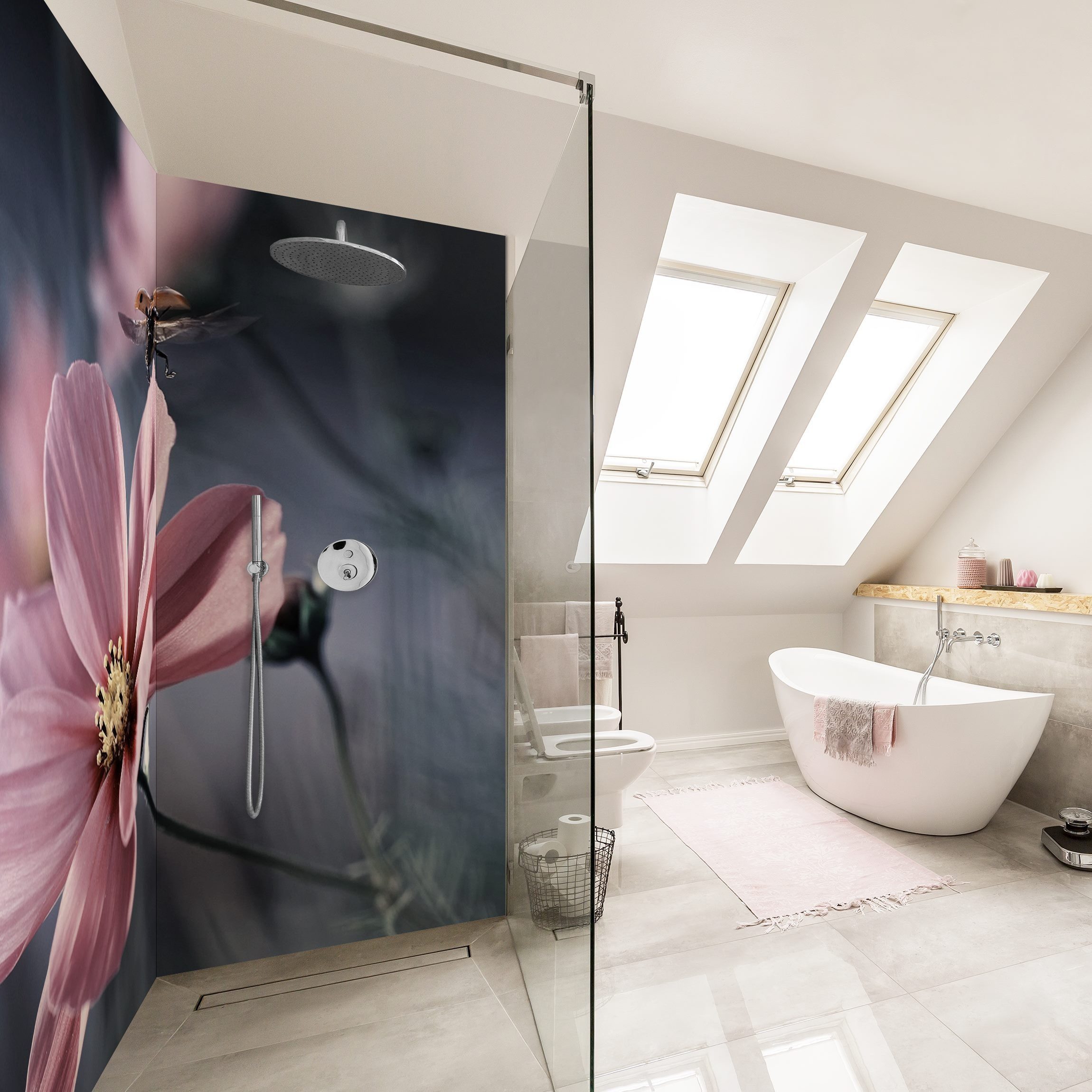 Thumbnail - Bilderdepot24 Duschrückwand Blumen rosa Duschrückwand ohne Bohren Dusche Tiere, (2-tlg., 0,61 mm starke Folie selbstkleb...