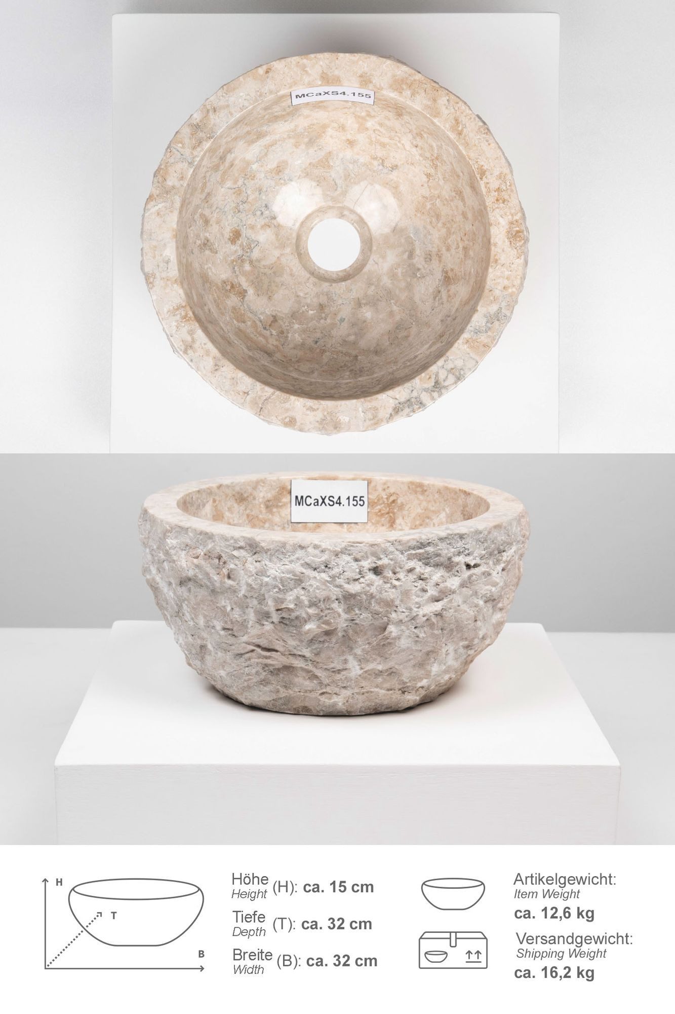 wohnfreuden Aufsatzwaschbecken Erosi Marmor Waschbecken 30 cm creme (Kein S günstig online kaufen