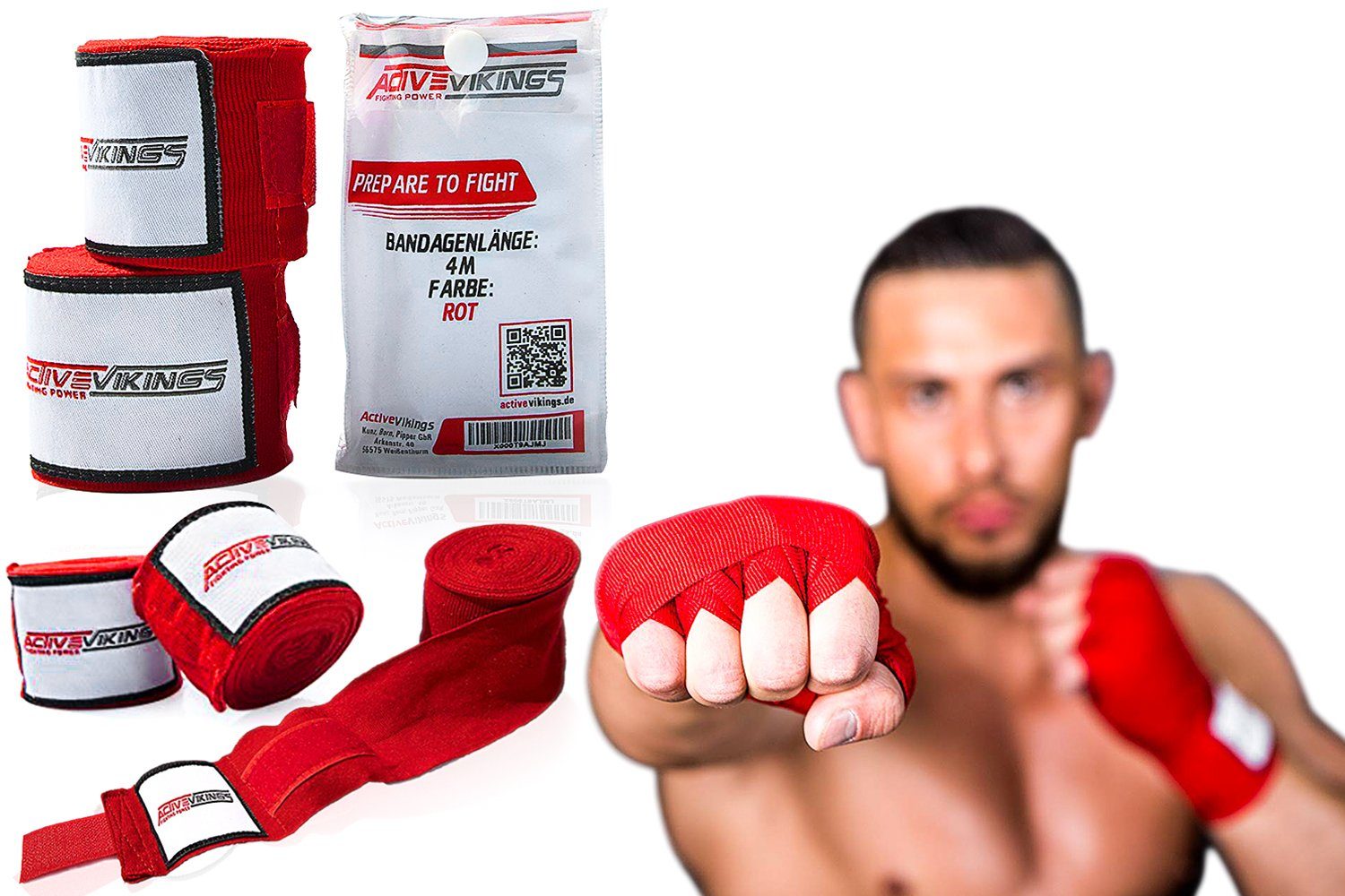 ActiveVikings Boxbandagen ActiveVikings Boxbandagen 4m mit Klettverschluss Ideal für Jede Kampfsportart - Boxen Kickboxen Jiu Jitsu Muay-Thai MMA (2 x Boxbandagen mit Klettverschluss), Mit angenehmen Klettverschluss, in sportlichen Design und eingenähter Daumenschlaufe Rot