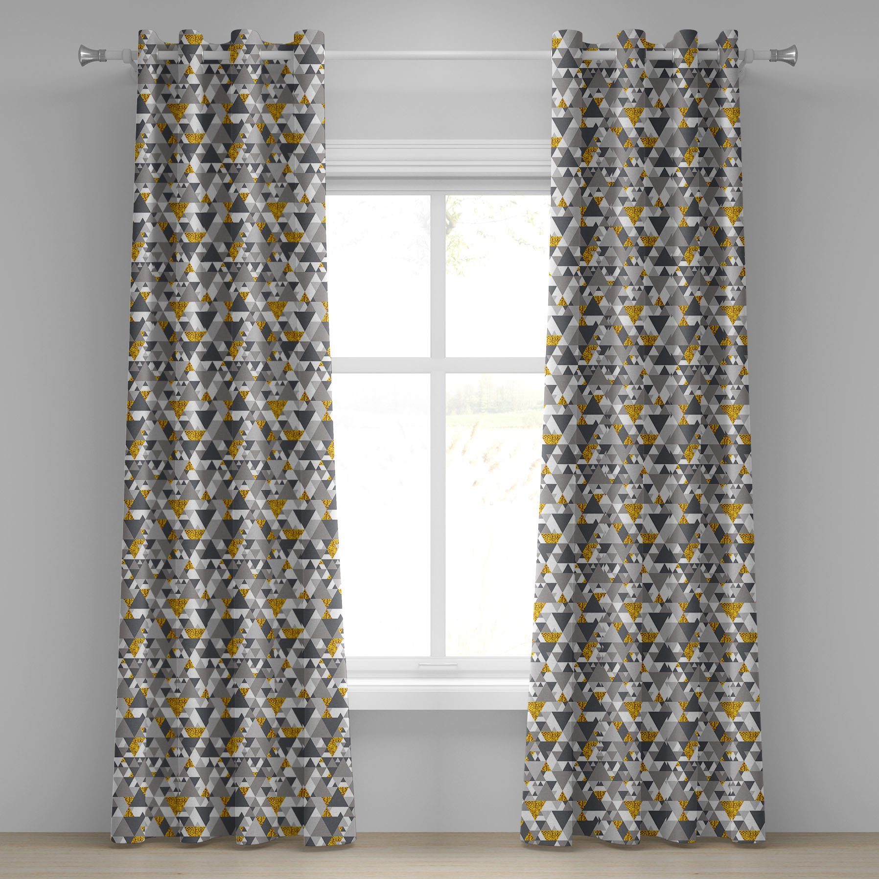 Gardine Dekorative 2-Panel-Fenstervorhänge für Schlafzimmer Wohnzimmer, Abakuhaus, gelb Grau Zig Zag Triangles | Fertiggardinen