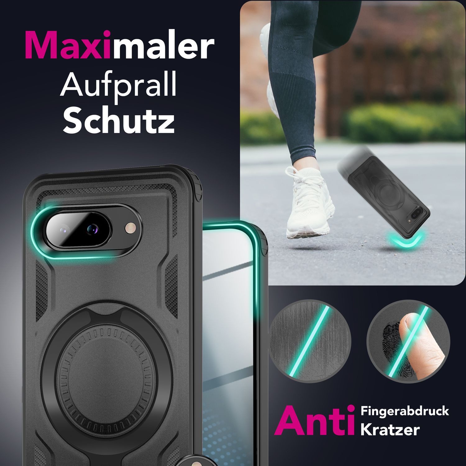 Nalia Smartphone-Hülle Google Pixel 9a 16 cm (6,3 Zoll), Panzer Militärschutz / Extrem Robust / Magsafe / 360° Ring / Kickstand