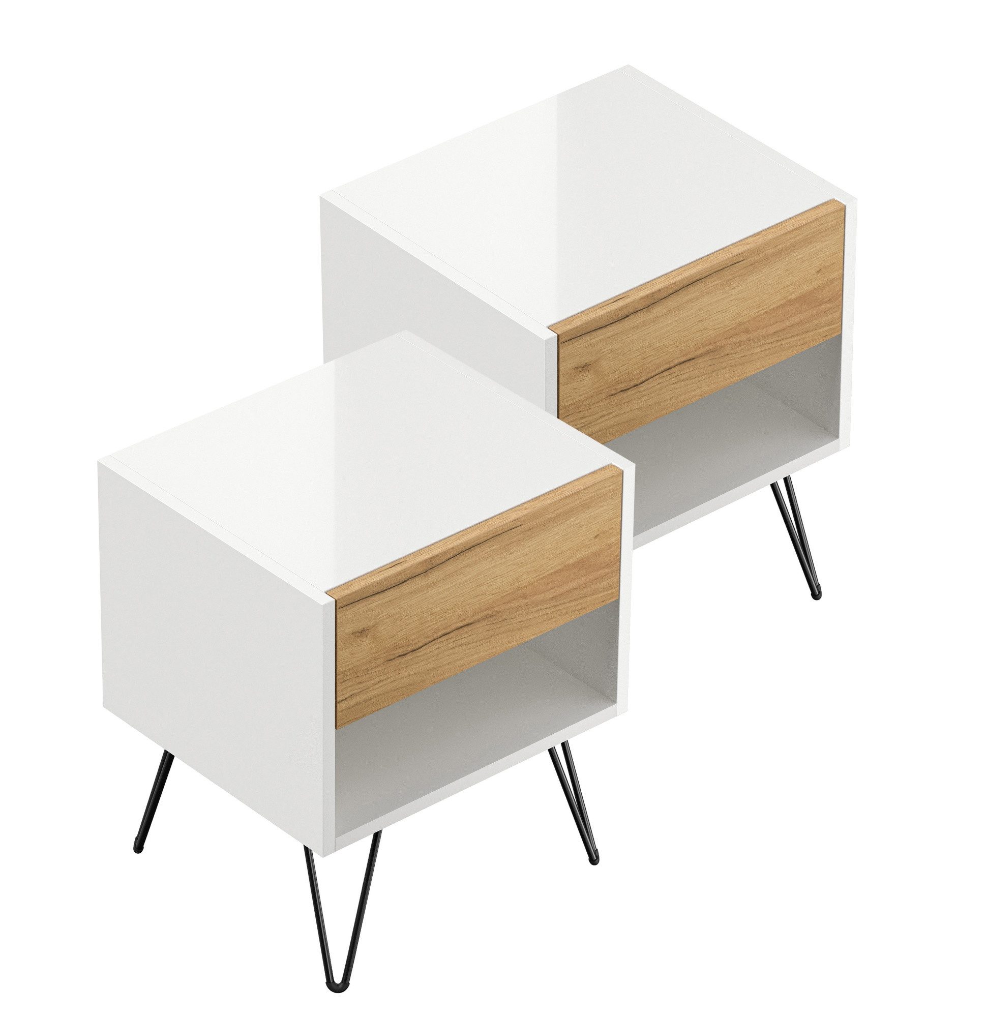 Magnolia Home Nachttisch 2er Set Nachttisch Kommode Dion 40cm SoftClose stehend Weiß & Eiche Fr, Soft-Close