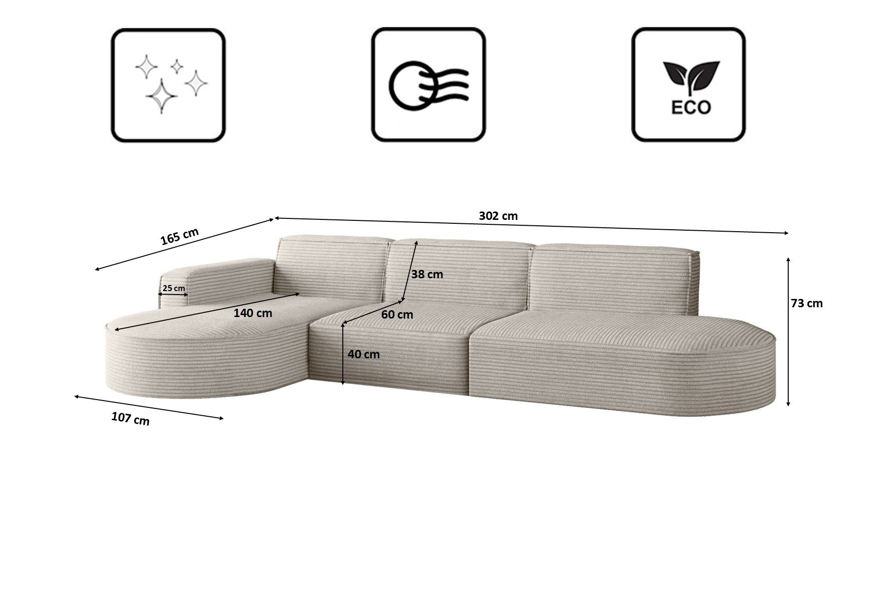 Kaiser Möbel Ecksofa Designer, Sofa L form MODENA stoff Poso, Dekorative Kissen, viele Farben, bequem