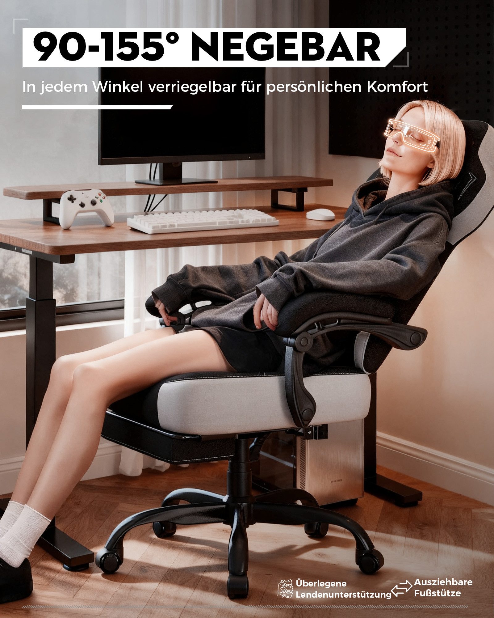 LUCKRACER Gaming-Stuhl Stoff/Kunstleder, Bürostuhl mit verbundenen Armlehnen, Memory-Schaum, 90–155° Neigungswinkel und Fußstütze – Bild 5 von 5