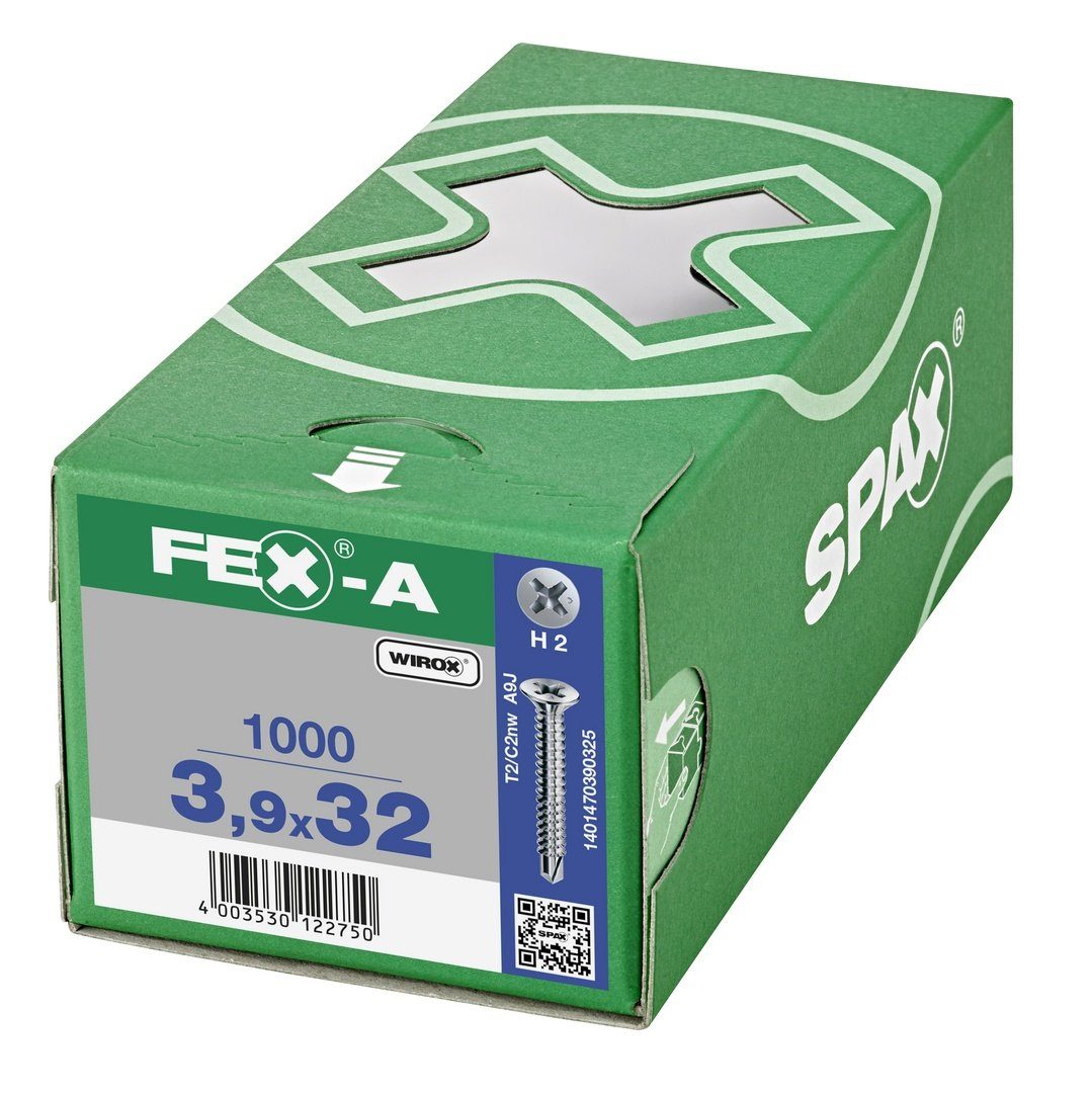 1000 (Stahl FEX-A, mm weiß 3,9x32 St), SPAX verzinkt, Spanplattenschraube