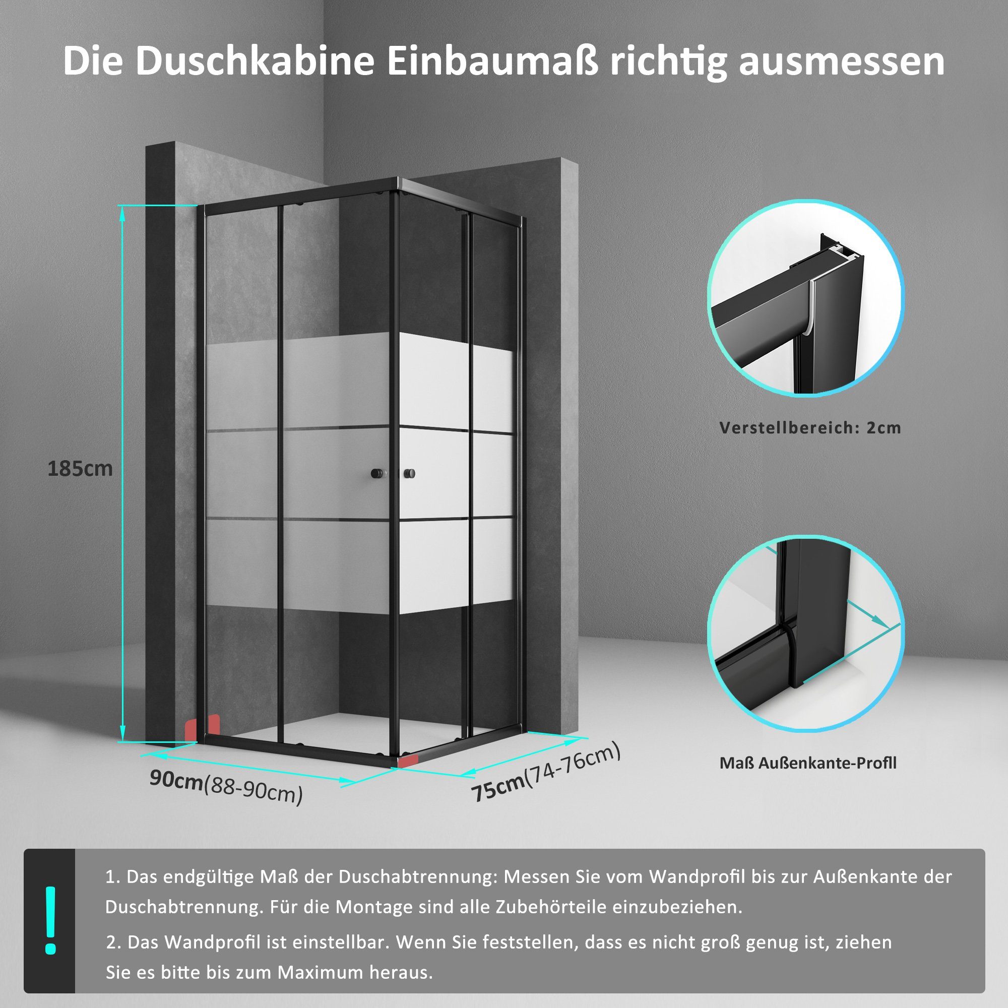 Boromal Dusch-Schiebetür Duschkabine 75x90 90x75 Eckeinstieg Duschtür 5mm ESG Glas 185H, 90x185 cm, Einscheibensicherheitsglas, Sicherheitsglas nach EN 12150