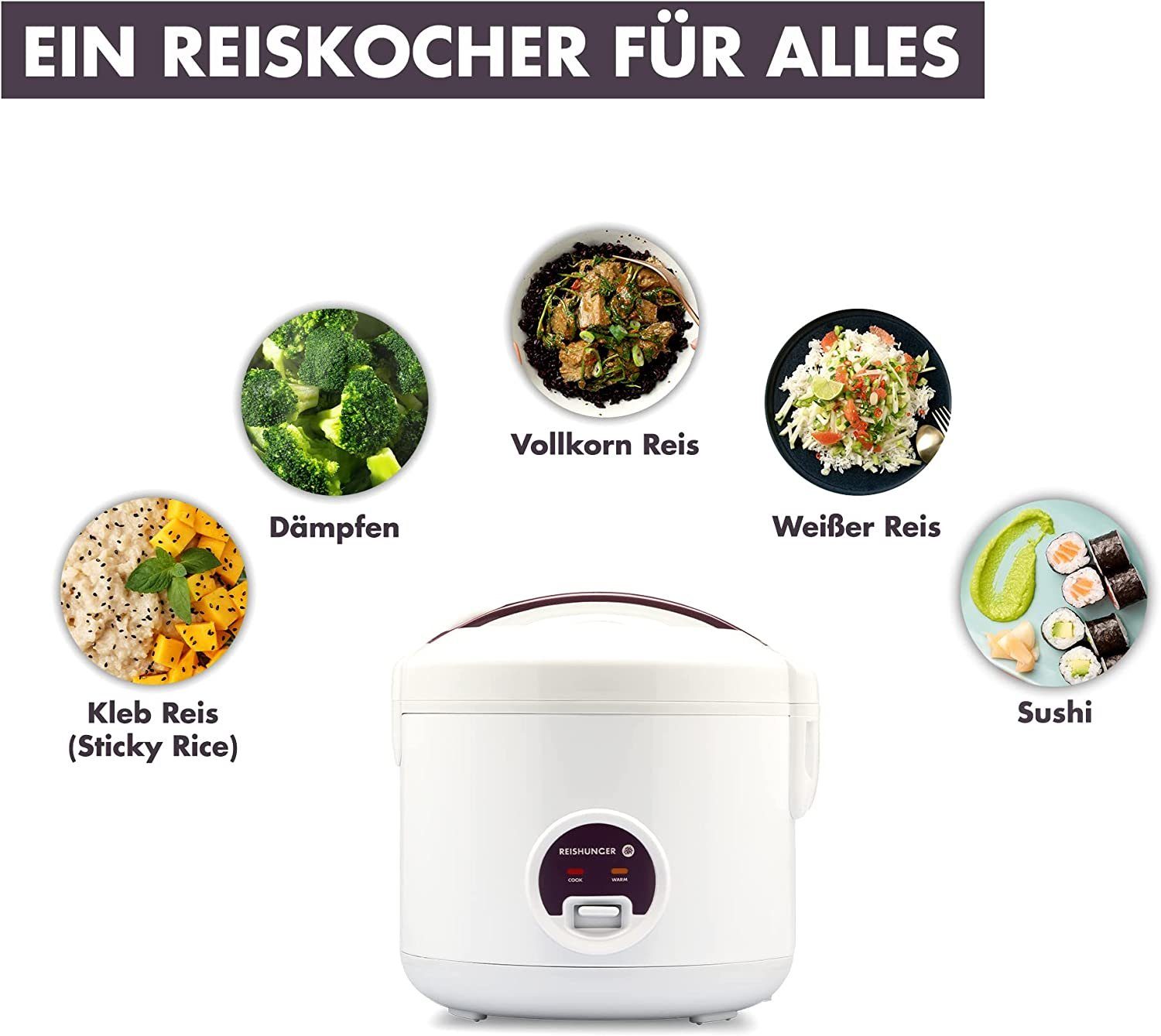 Reishunger Reiskocher - Reiskocher, 500 W, Mit Dampfgarfunktion & Warmhaltefunktion